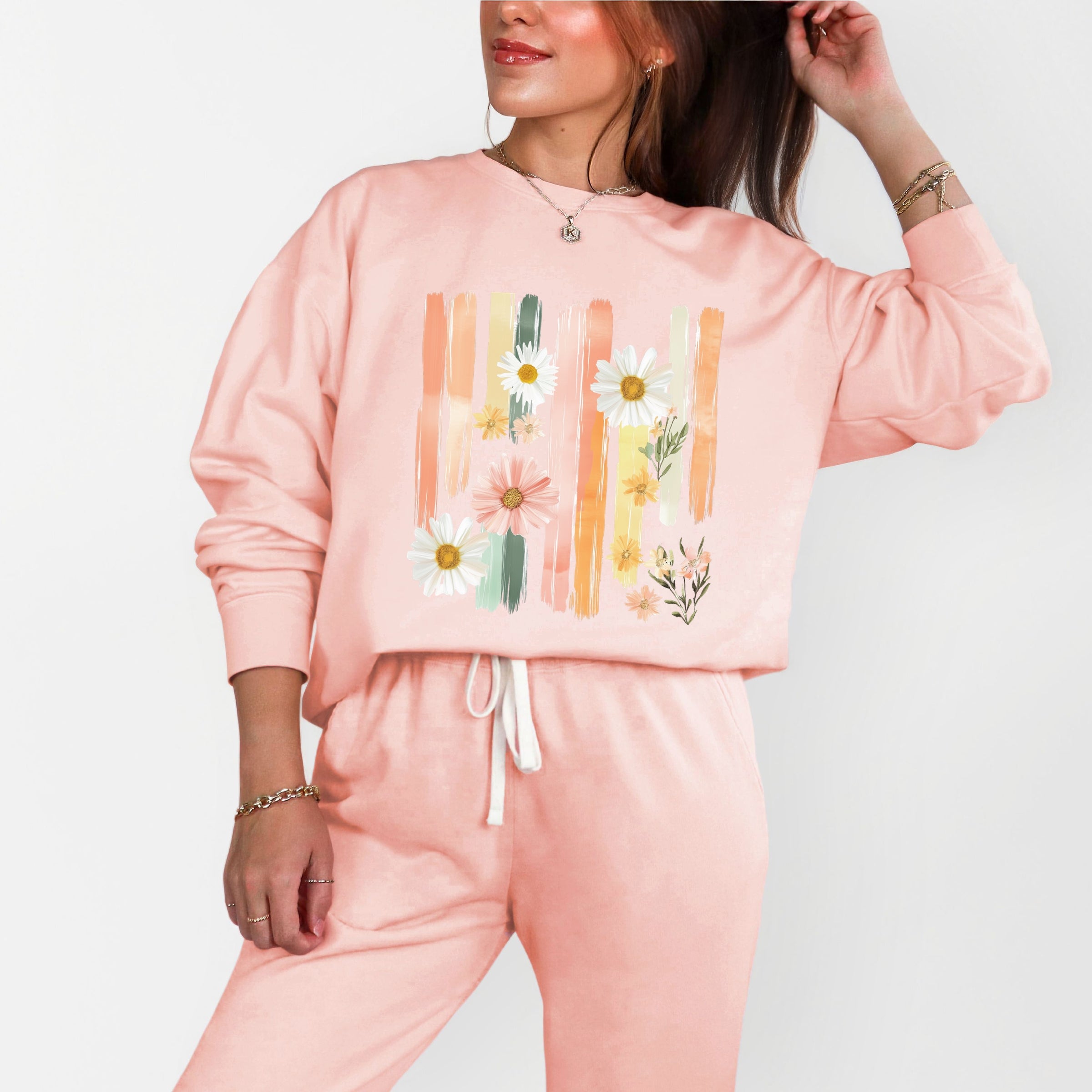 Daisies Stripes Faux Paint - Women's Lightweight Garment Dyed Sweatshirt