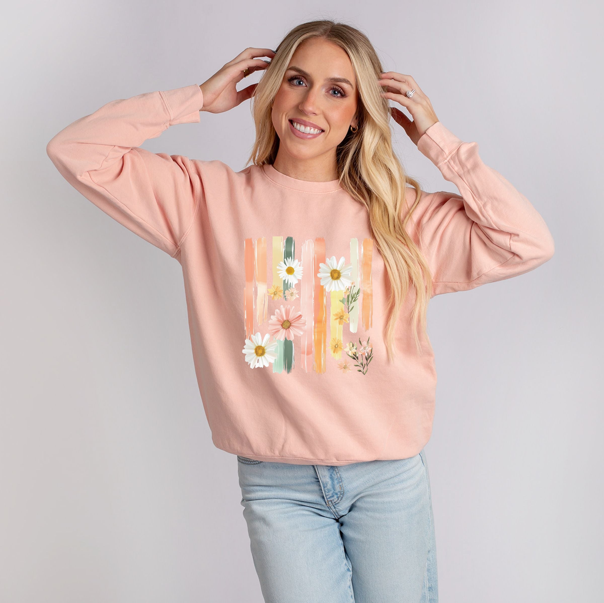Daisies Stripes Faux Paint - Women's Lightweight Garment Dyed Sweatshirt