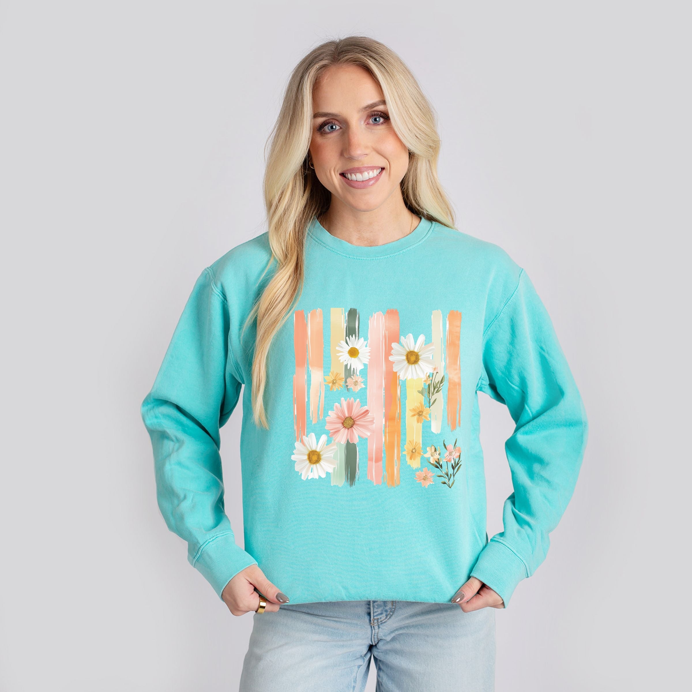 Daisies Stripes Faux Paint - Women's Lightweight Garment Dyed Sweatshirt