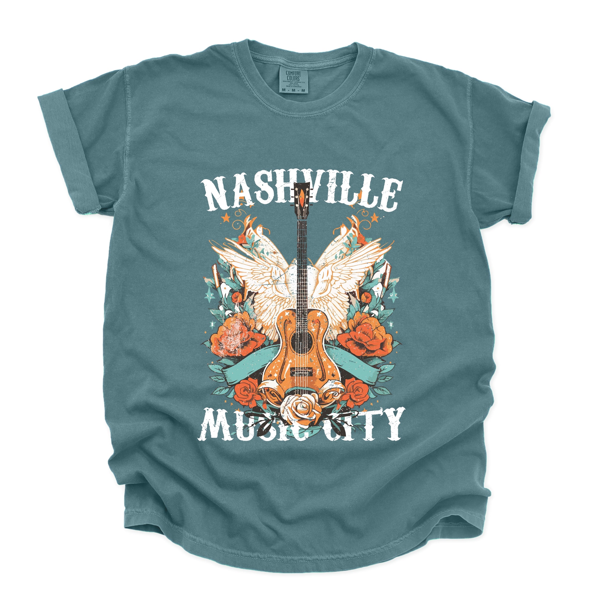 Nashville Music City Guitar Grunge - Womens Garment Dyed Tee