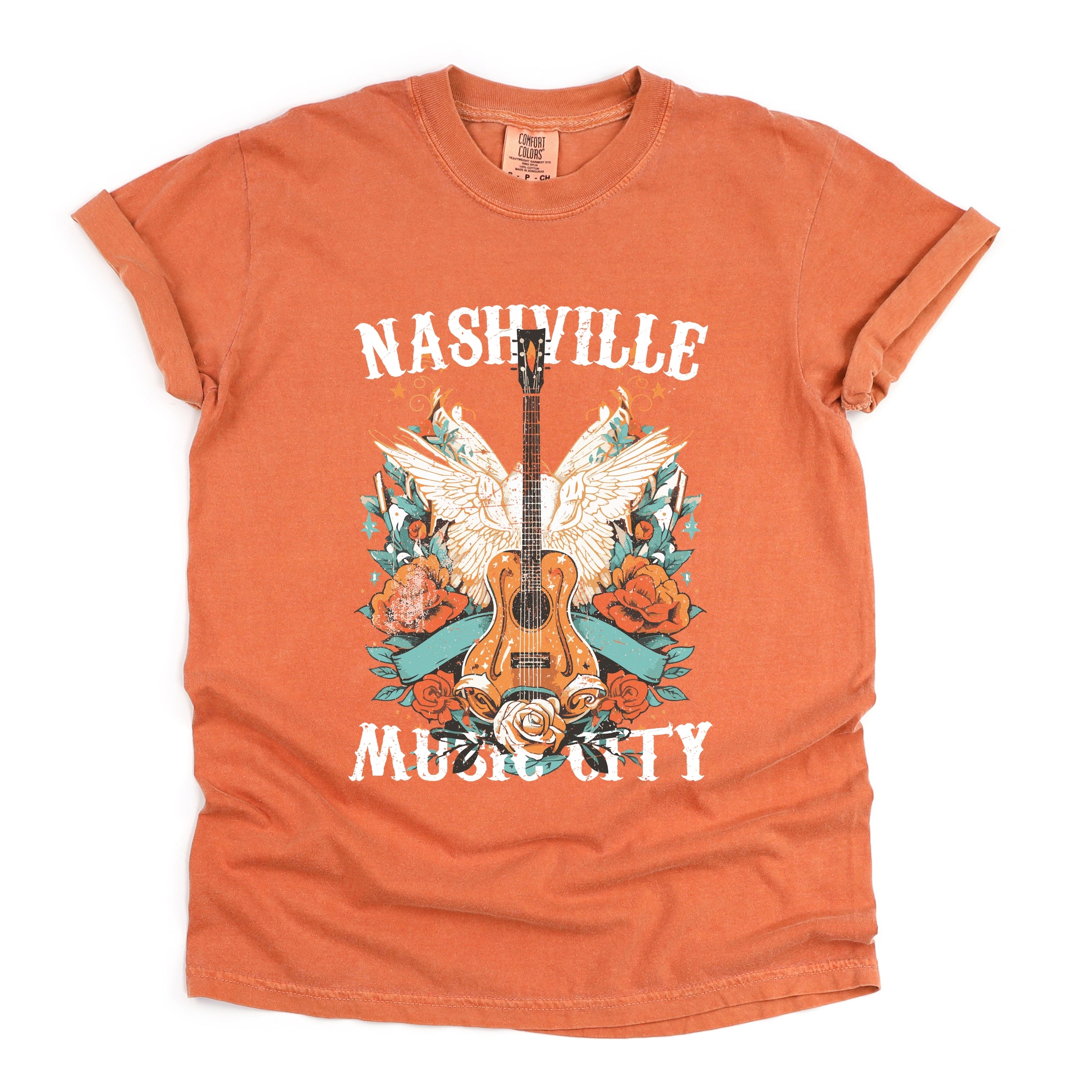 Nashville Music City Guitar Grunge - Womens Garment Dyed Tee