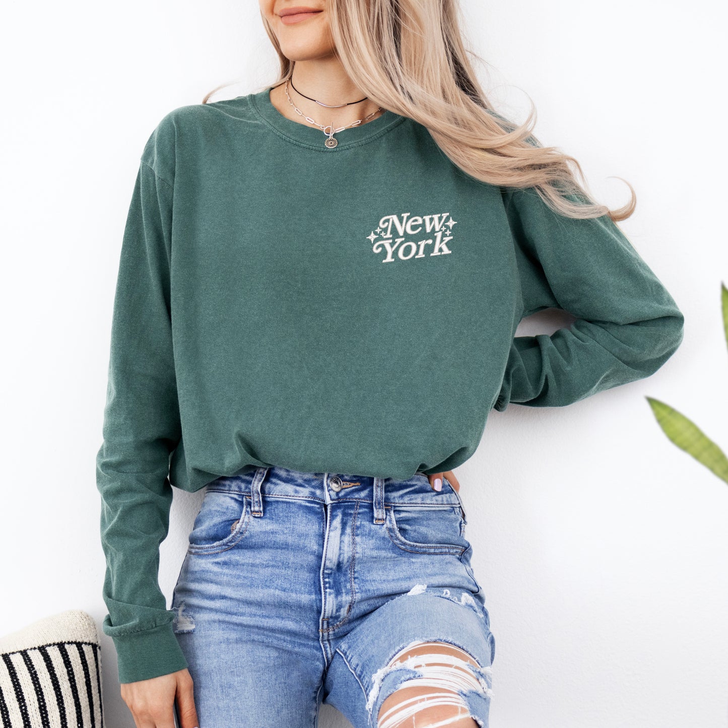 Embroidered New York Stars | Garment Dyed Long Sleeve