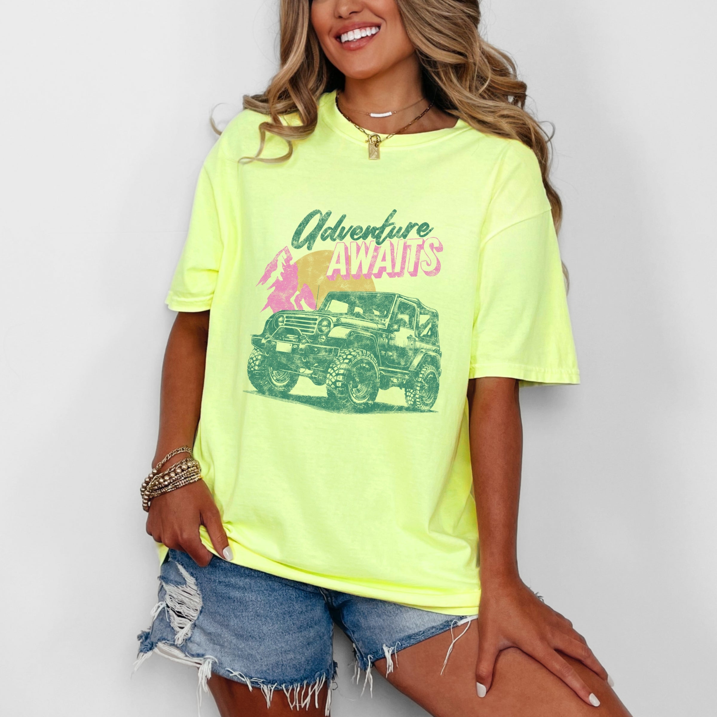 Adventure Awaits Jeep - Women's Garment Dyed Graphic T-Shirt
