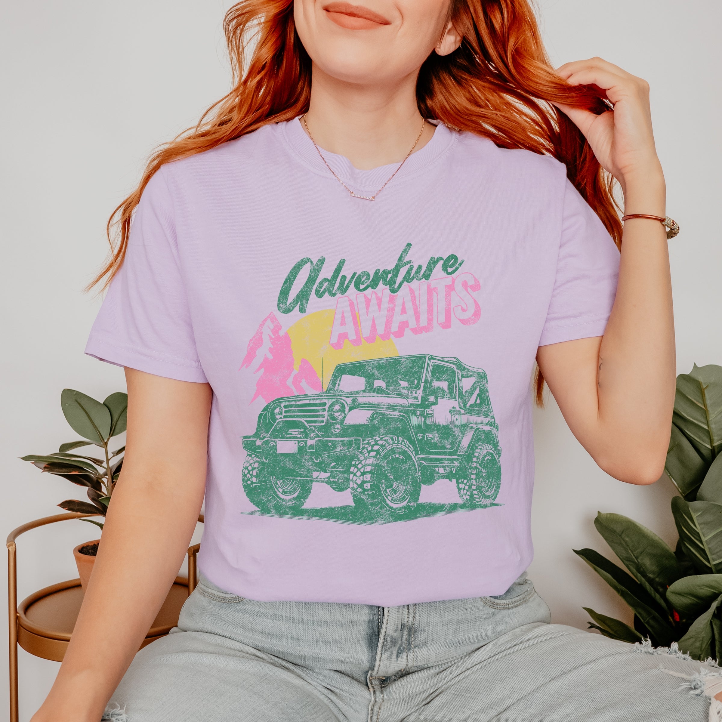 Adventure Awaits Jeep - Women's Garment Dyed Graphic T-Shirt