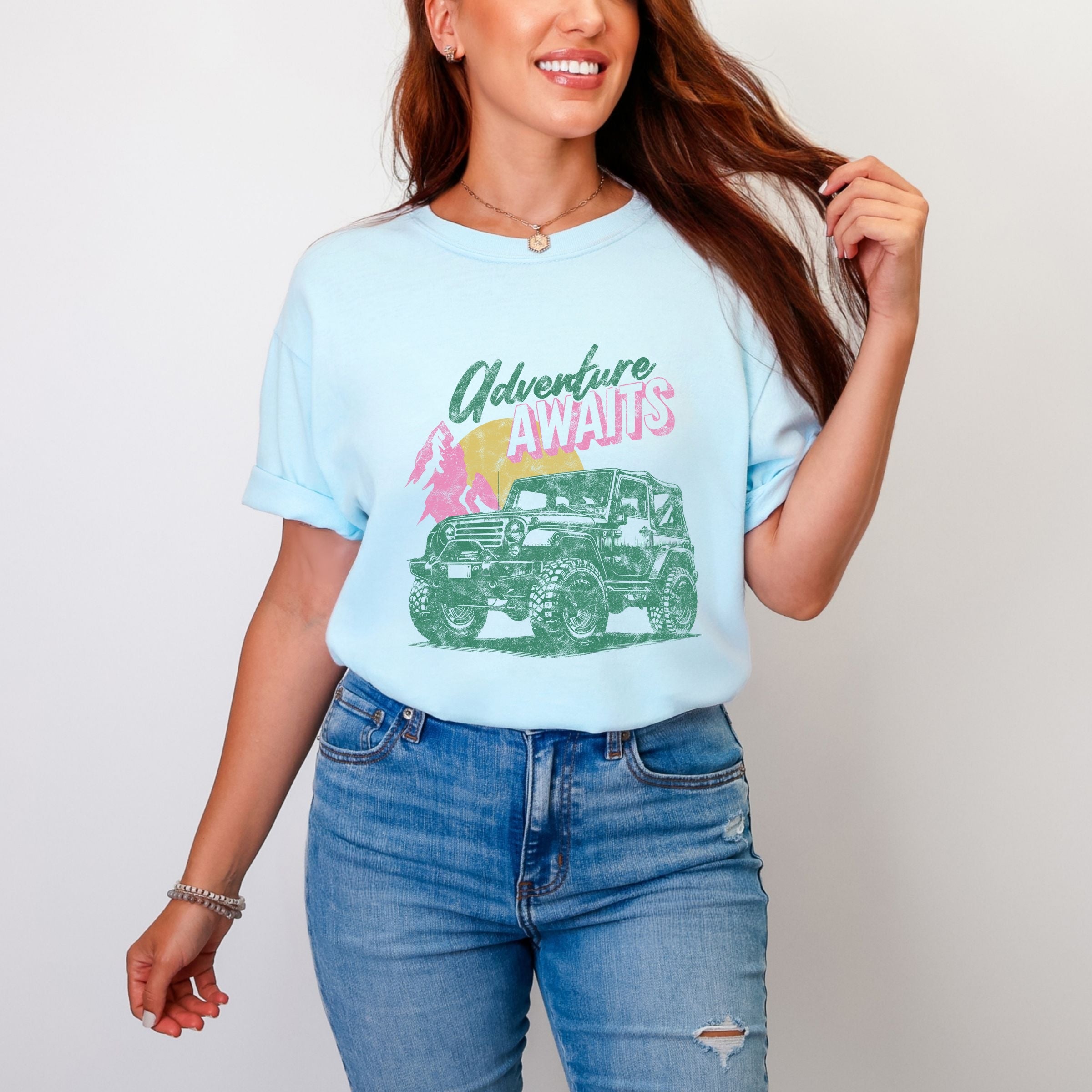 Adventure Awaits Jeep - Women's Garment Dyed Graphic T-Shirt