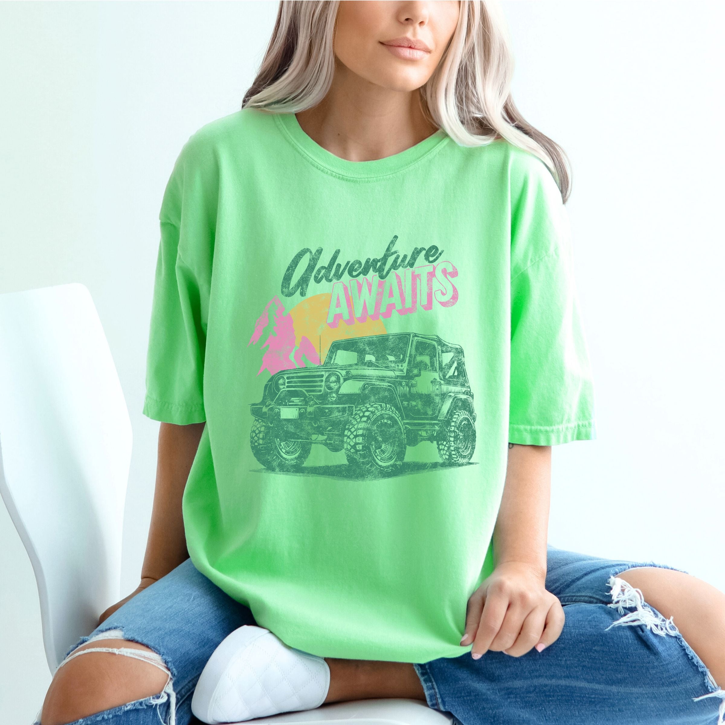 Adventure Awaits Jeep - Women's Garment Dyed Graphic T-Shirt
