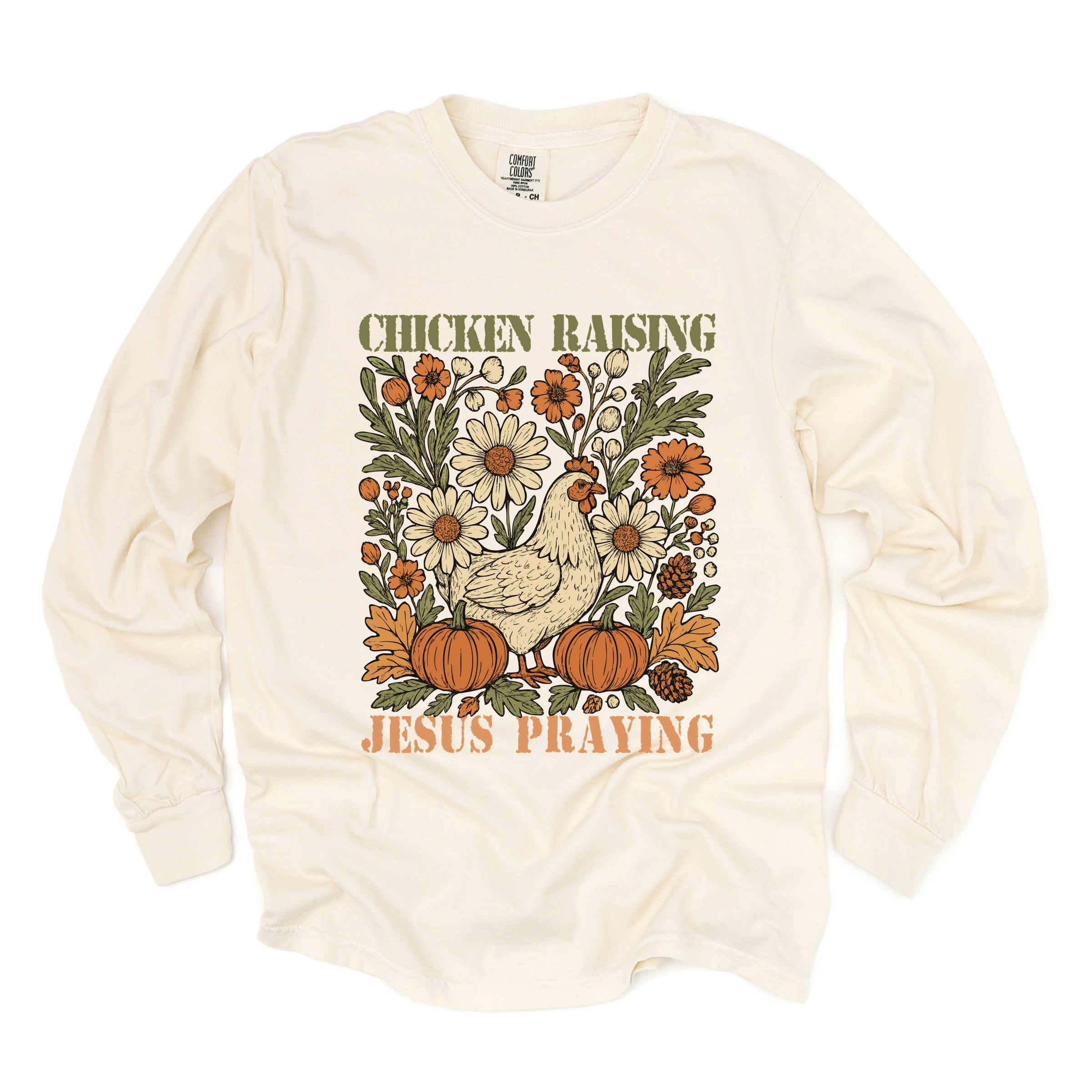 Chicken Raising Jesus Praying - Women's Garment Dyed Long Sleeve Graphic T-Shirt