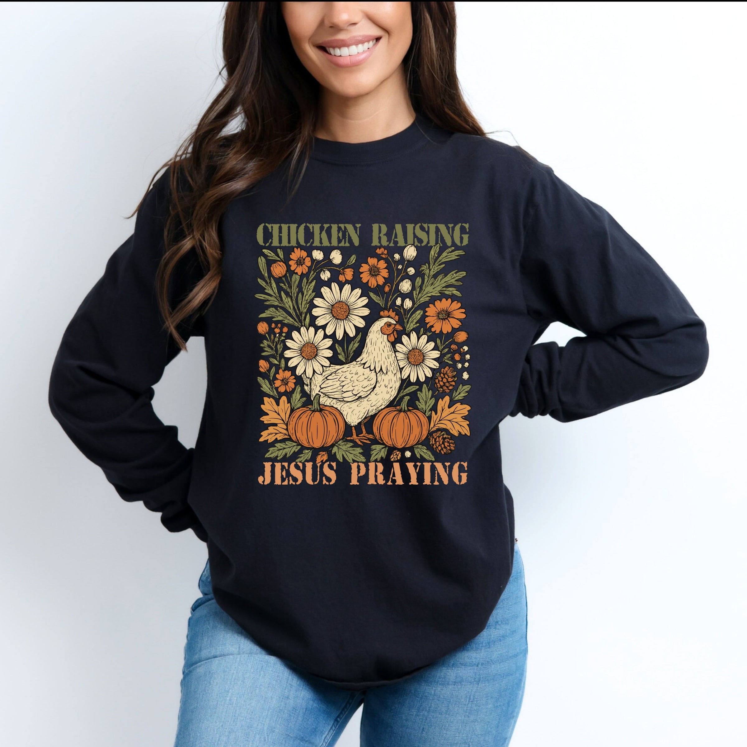 Chicken Raising Jesus Praying - Women's Garment Dyed Long Sleeve Graphic T-Shirt