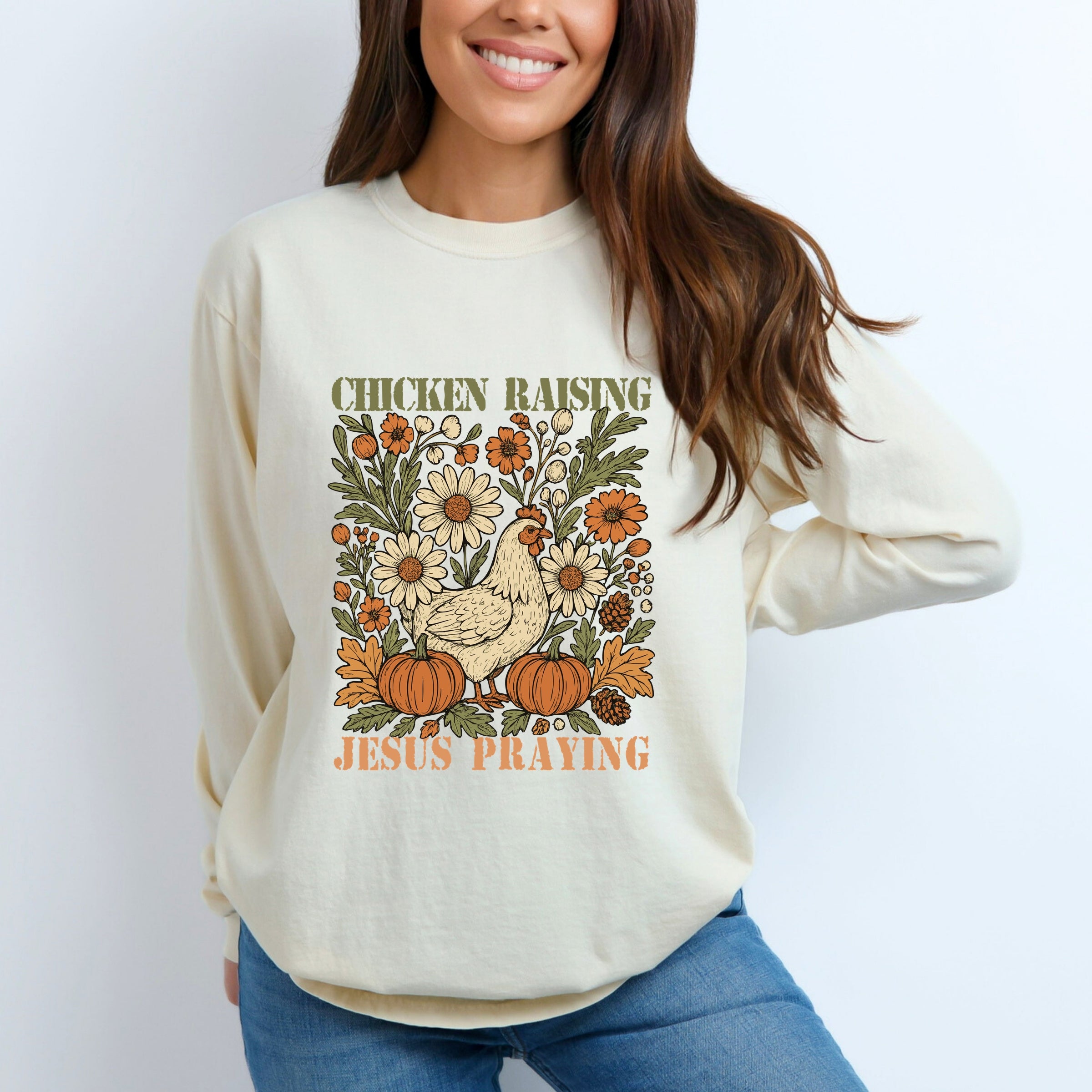 Chicken Raising Jesus Praying - Women's Garment Dyed Long Sleeve Graphic T-Shirt