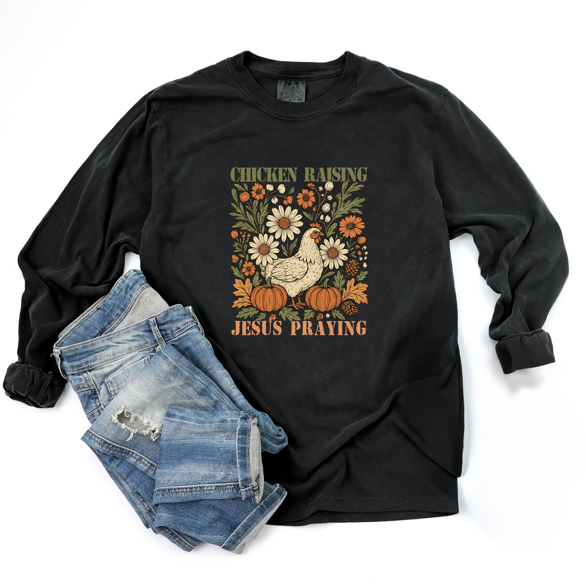 Chicken Raising Jesus Praying - Women's Garment Dyed Long Sleeve Graphic T-Shirt