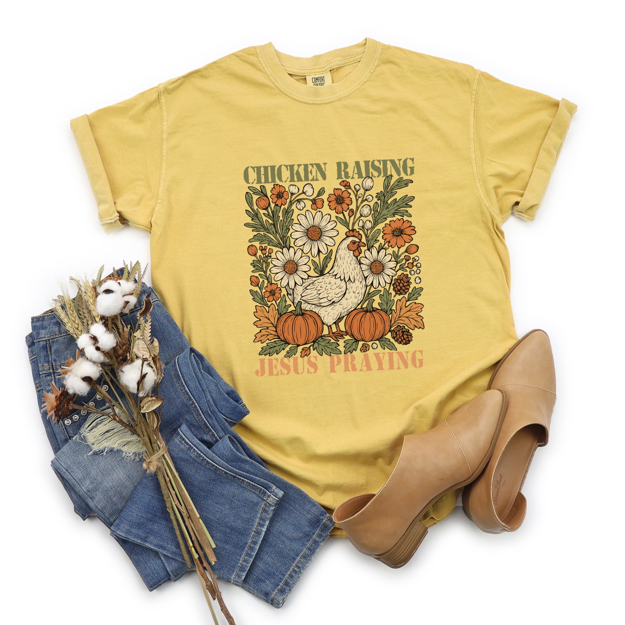 Chicken Raising Jesus Praying - Women's Garment Dyed Graphic T-Shirt
