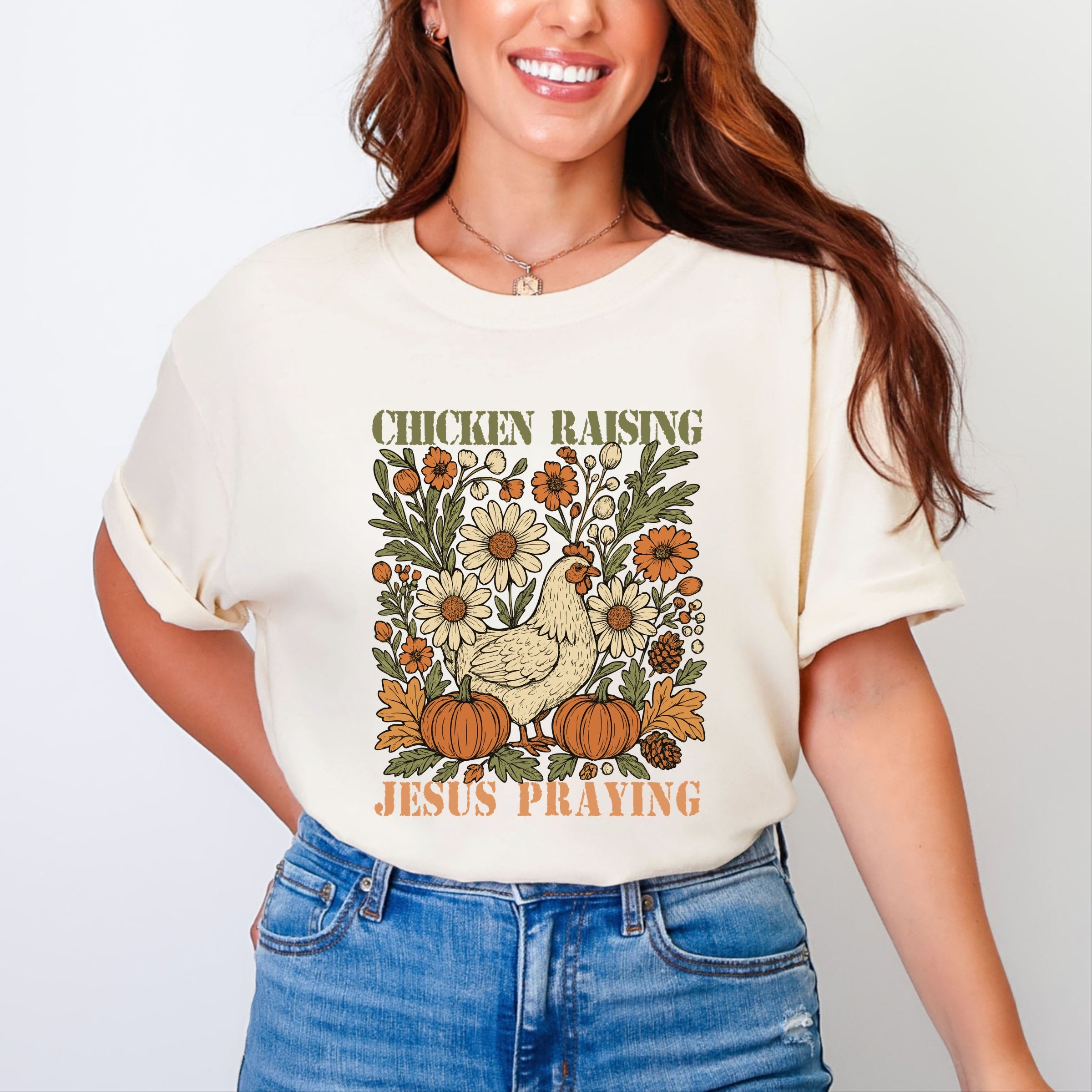 Chicken Raising Jesus Praying - Women's Garment Dyed Graphic T-Shirt