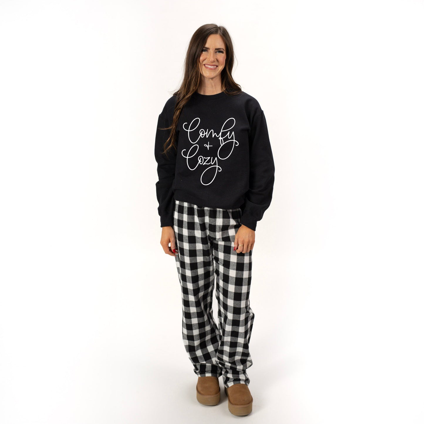 Comfy And Cozy Cursive | Plaid Pajama Sweatshirt Set