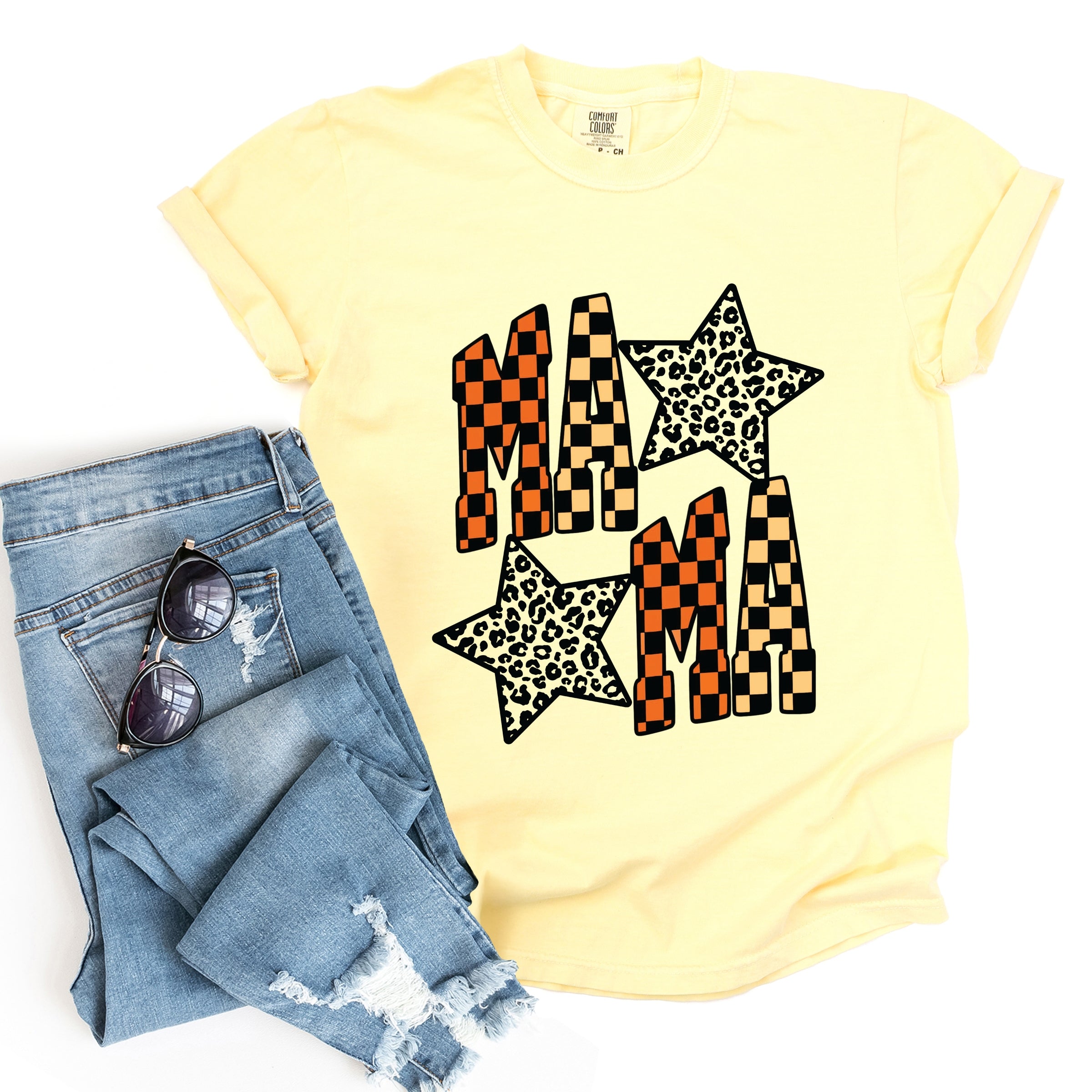 Checkered Mama Leopard Stars - Womens Garment Dyed Tee