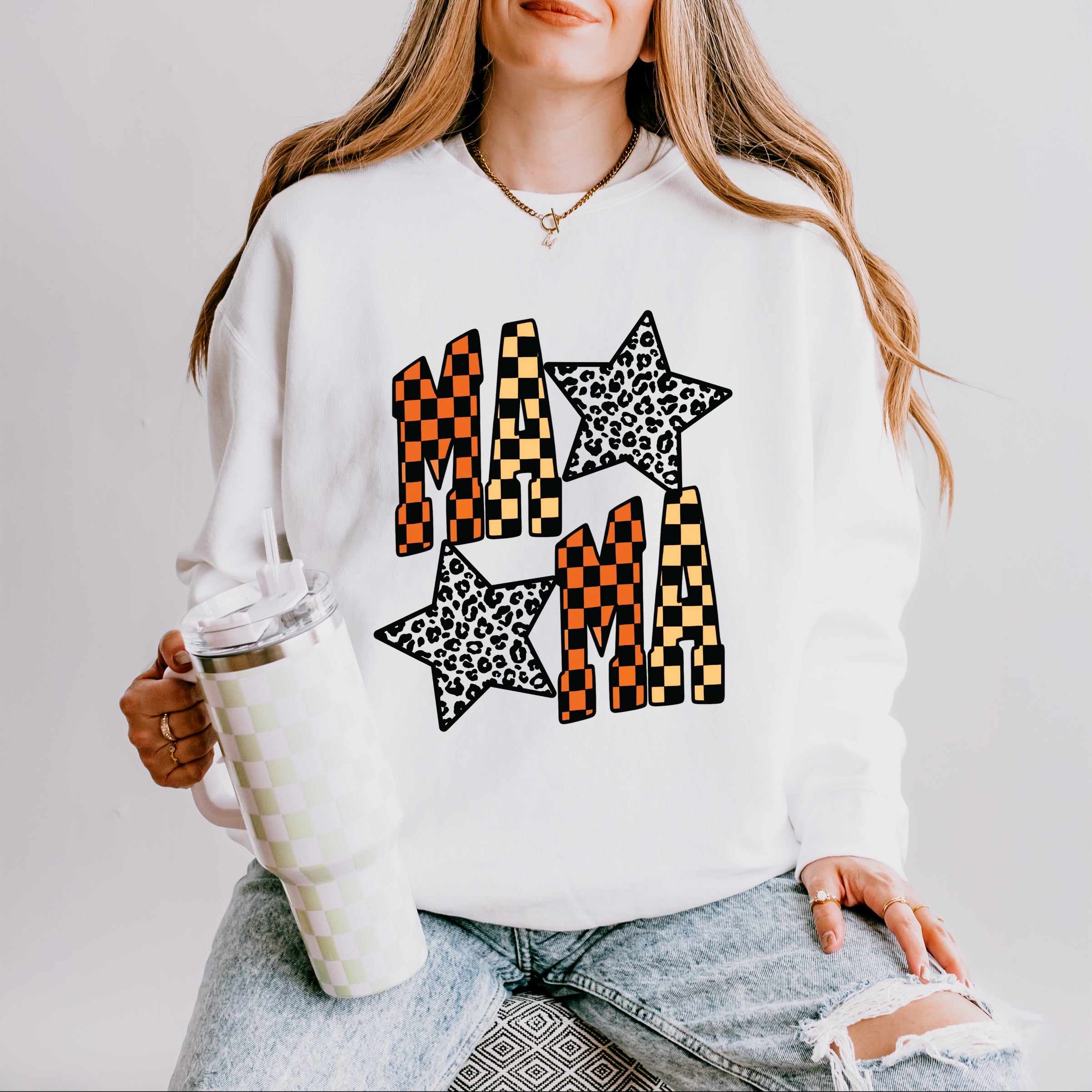 Checkered Mama Leopard Stars - Womens Lightweight Garment Dyed Sweatshirt
