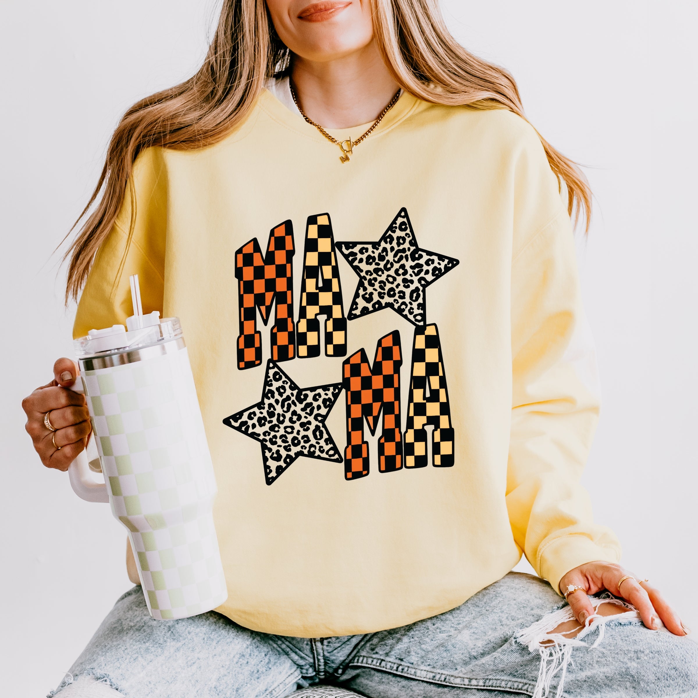 Checkered Mama Leopard Stars - Womens Lightweight Garment Dyed Sweatshirt