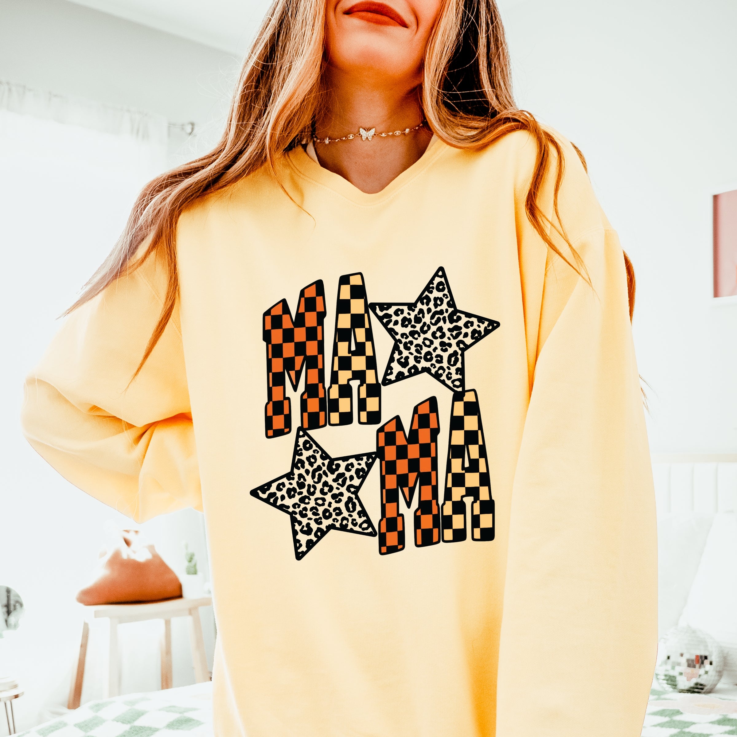 Checkered Mama Leopard Stars - Womens Lightweight Garment Dyed Sweatshirt