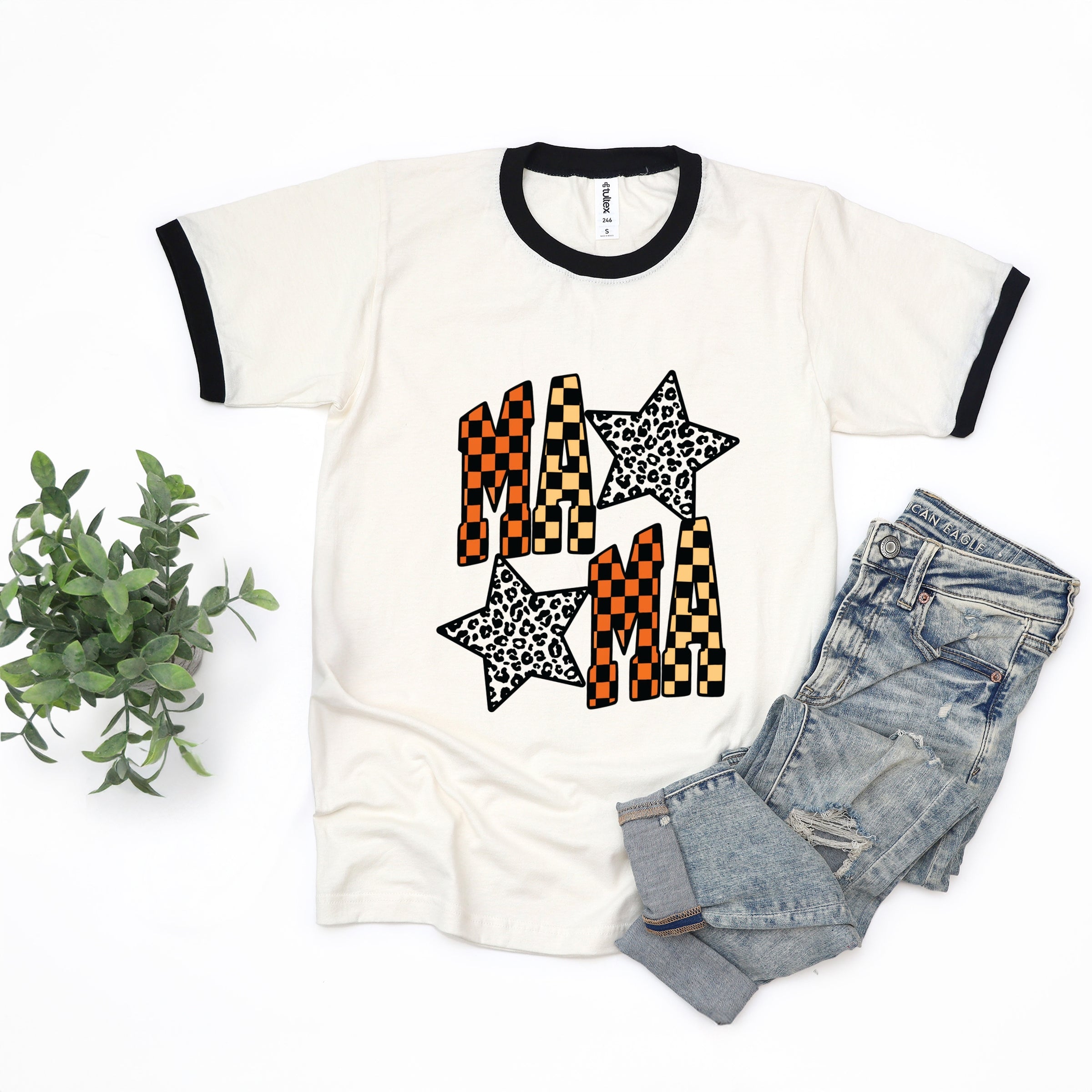 Checkered Mama Leopard Stars - Womens Ringer Tee