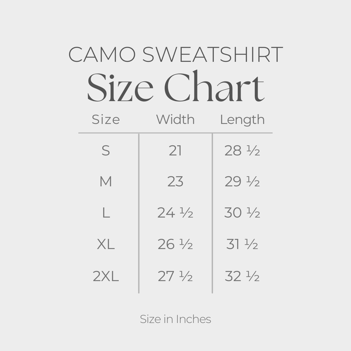 Women's Camo Sweatshirt - size guide