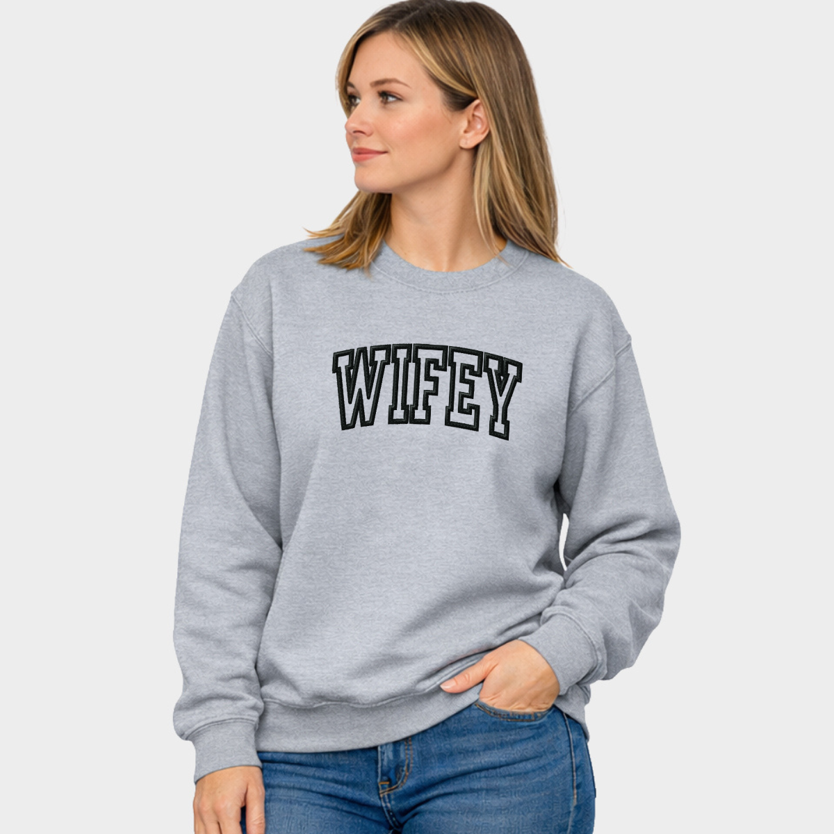 Embroidered Wifey Arched Varsity - Women's Graphic Sweatshirt