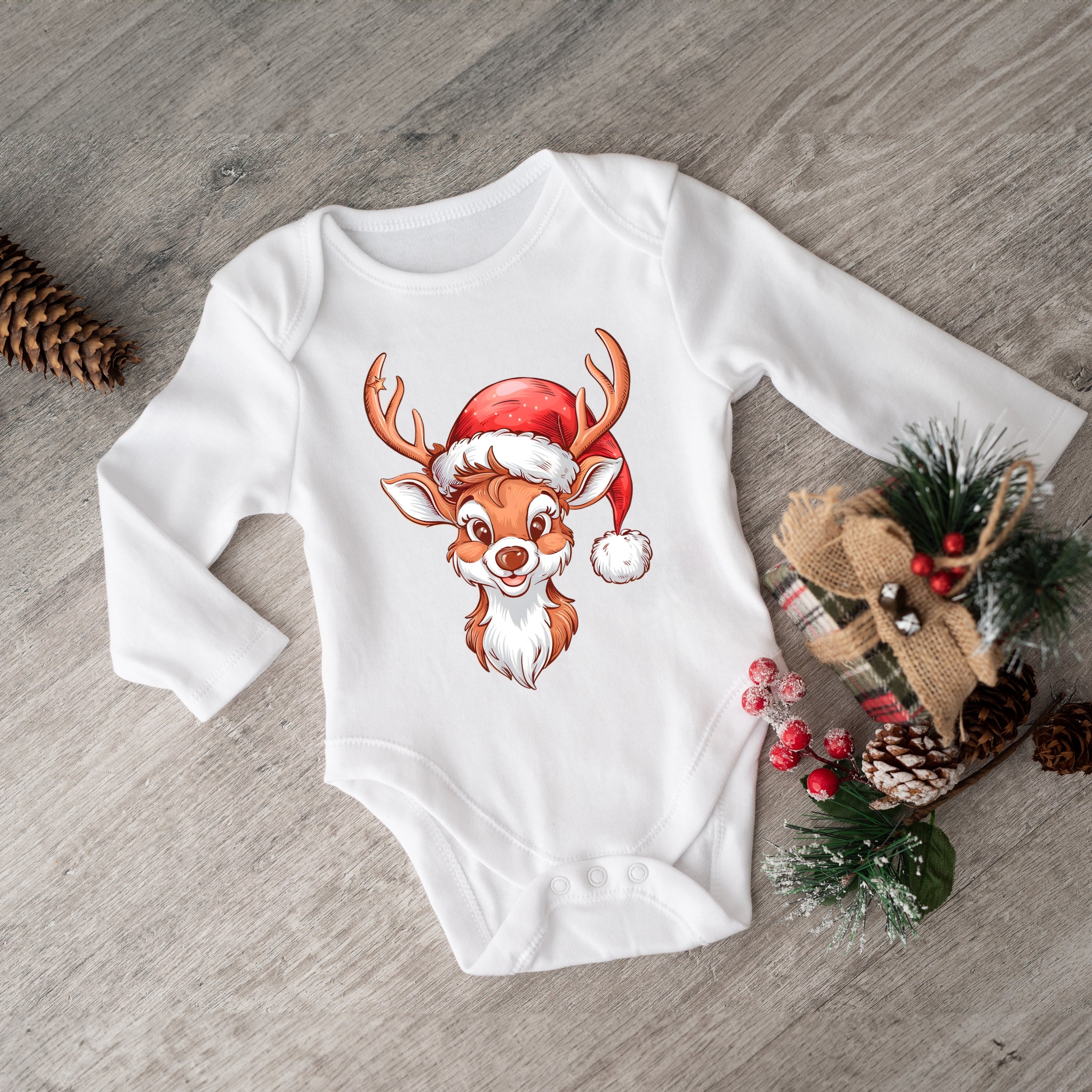 Cute Reindeer Head - Baby Long Sleeve Bodysuit