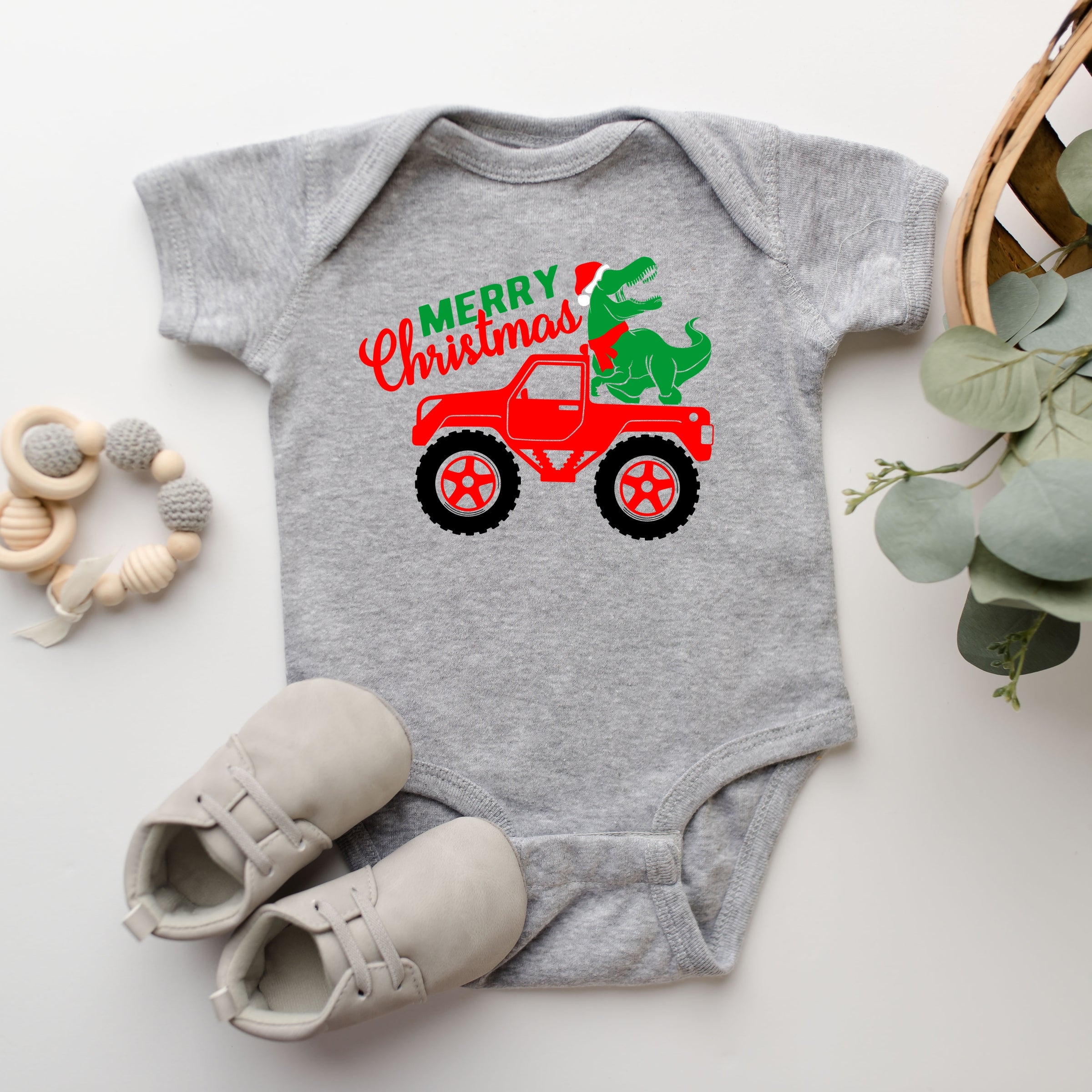 Christmas Dino Truck - Baby Short Sleeve Graphic Bodysuit