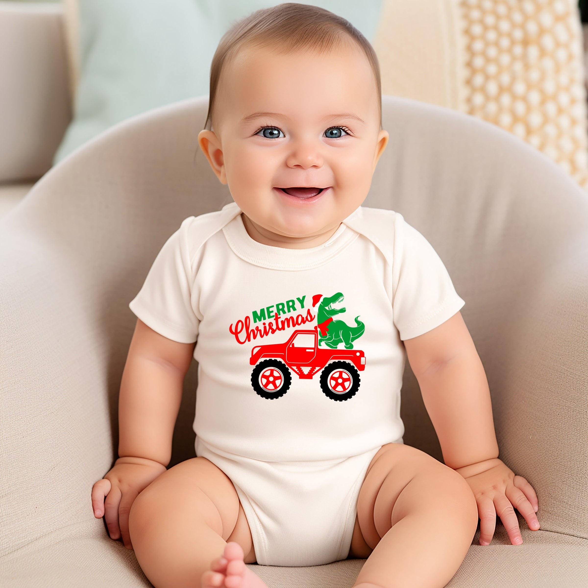Christmas Dino Truck - Baby Short Sleeve Graphic Bodysuit