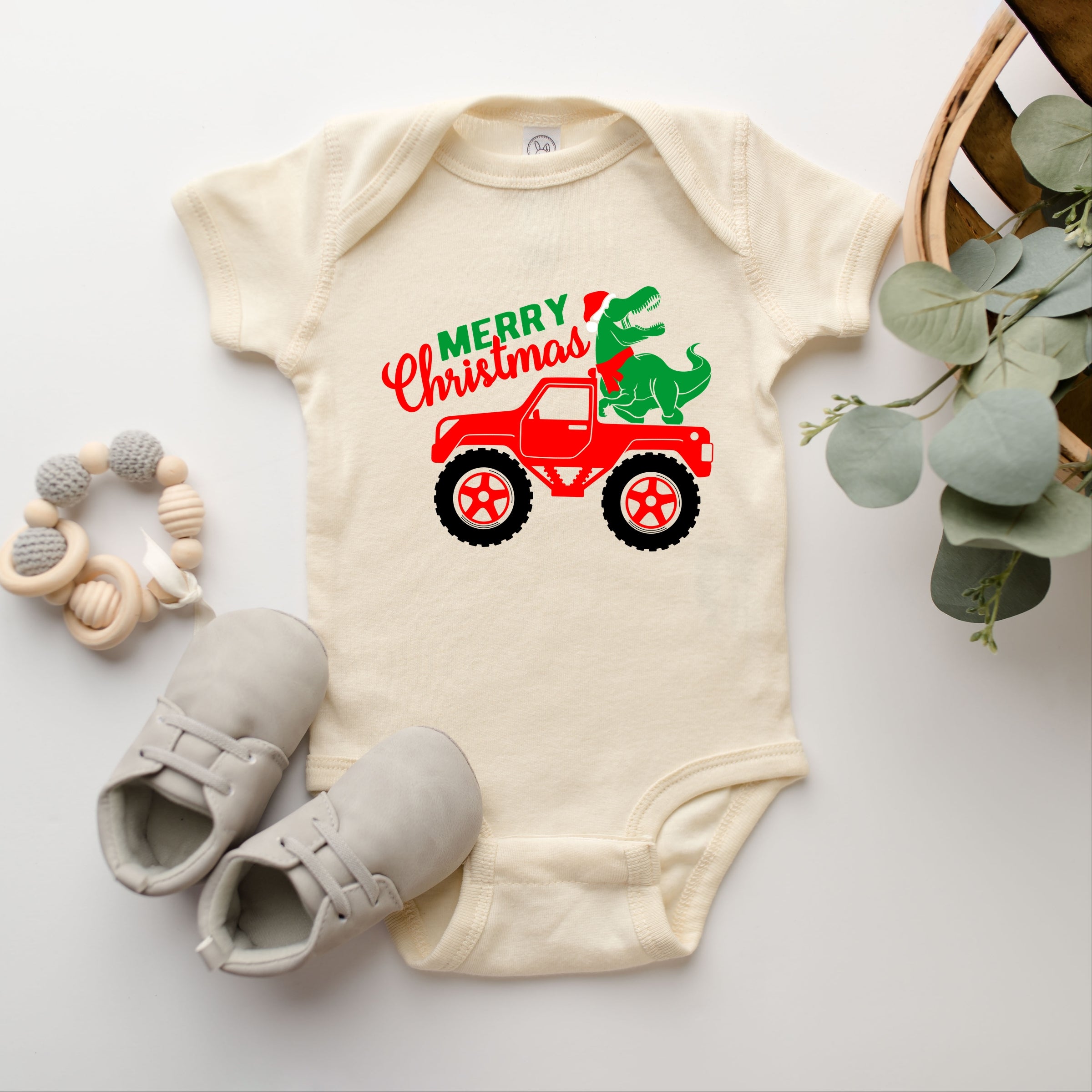 Christmas Dino Truck - Baby Short Sleeve Graphic Bodysuit