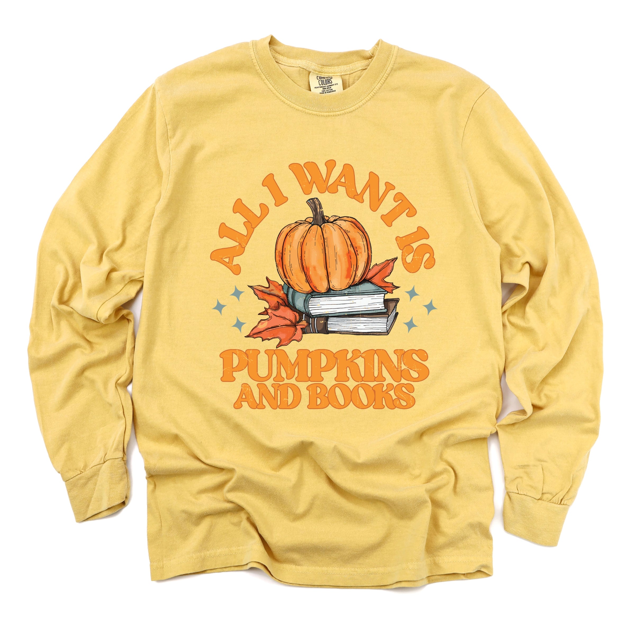 All I Want Is Pumpkins And Books - Women's Garment Dyed Long Sleeve Graphic T-Shirt