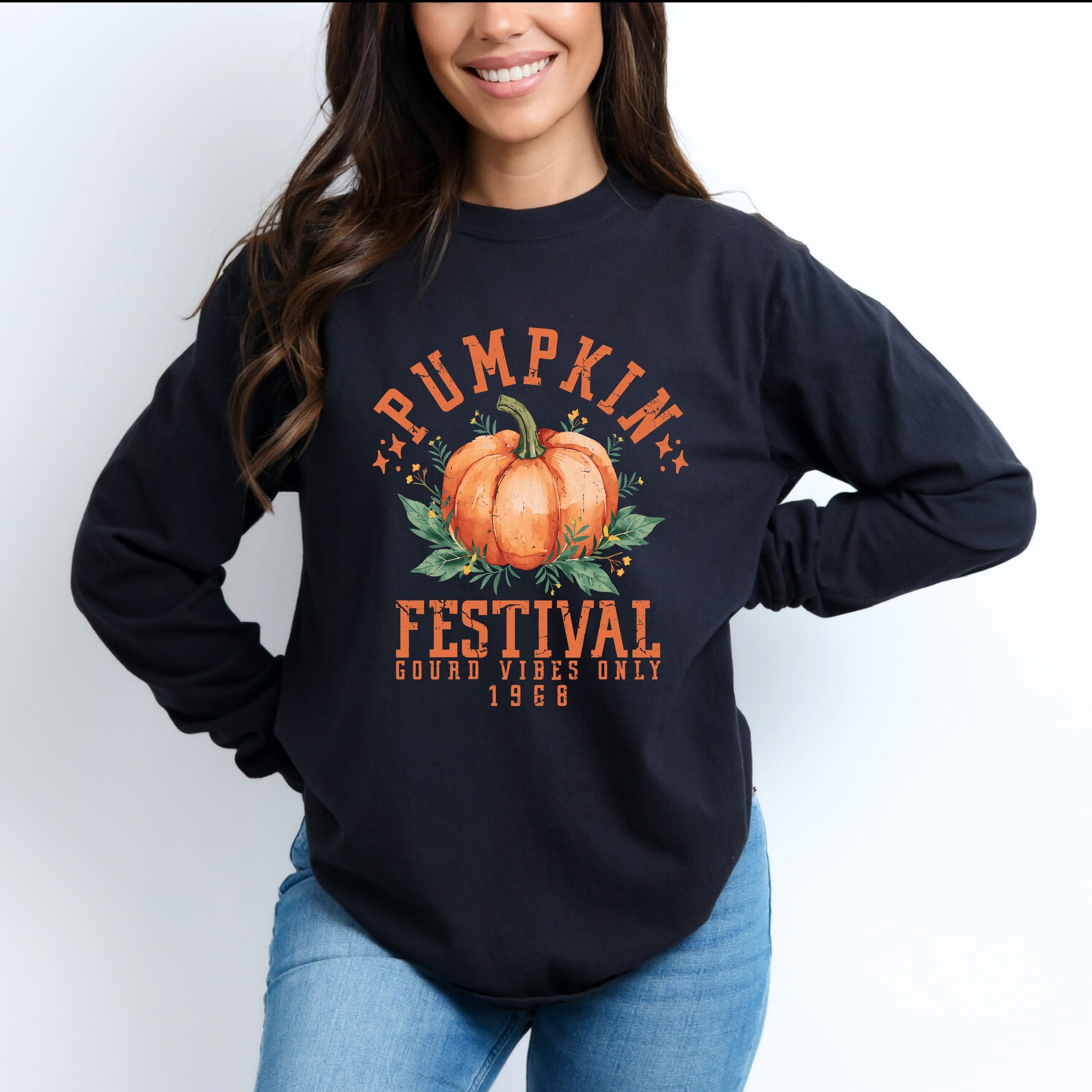 Pumpkin Festival Gourd Vibes - Women's Garment Dyed Long Sleeve Graphic T-Shirt