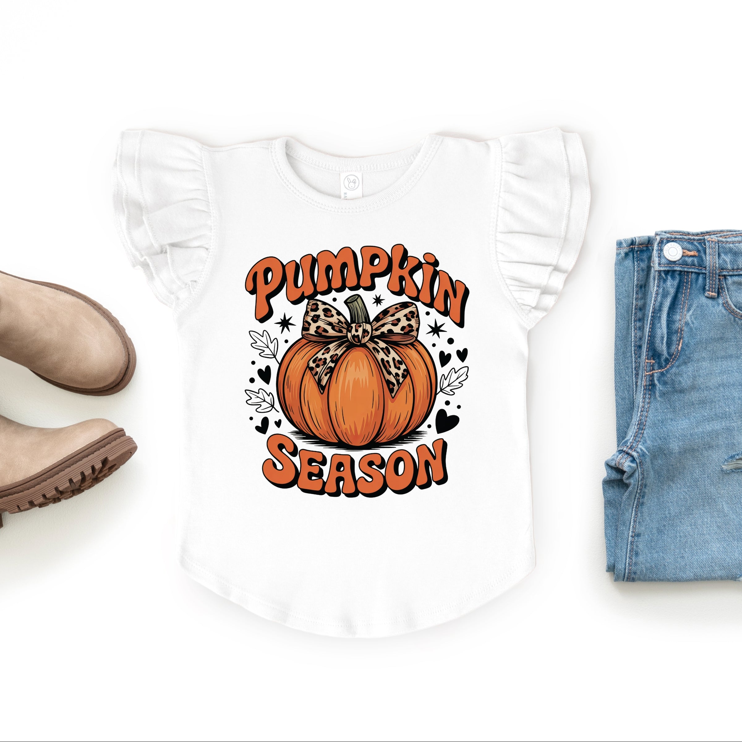 Coquette Pumpkin Season Leopard - Flutter Sleeve Graphic T-Shirt
