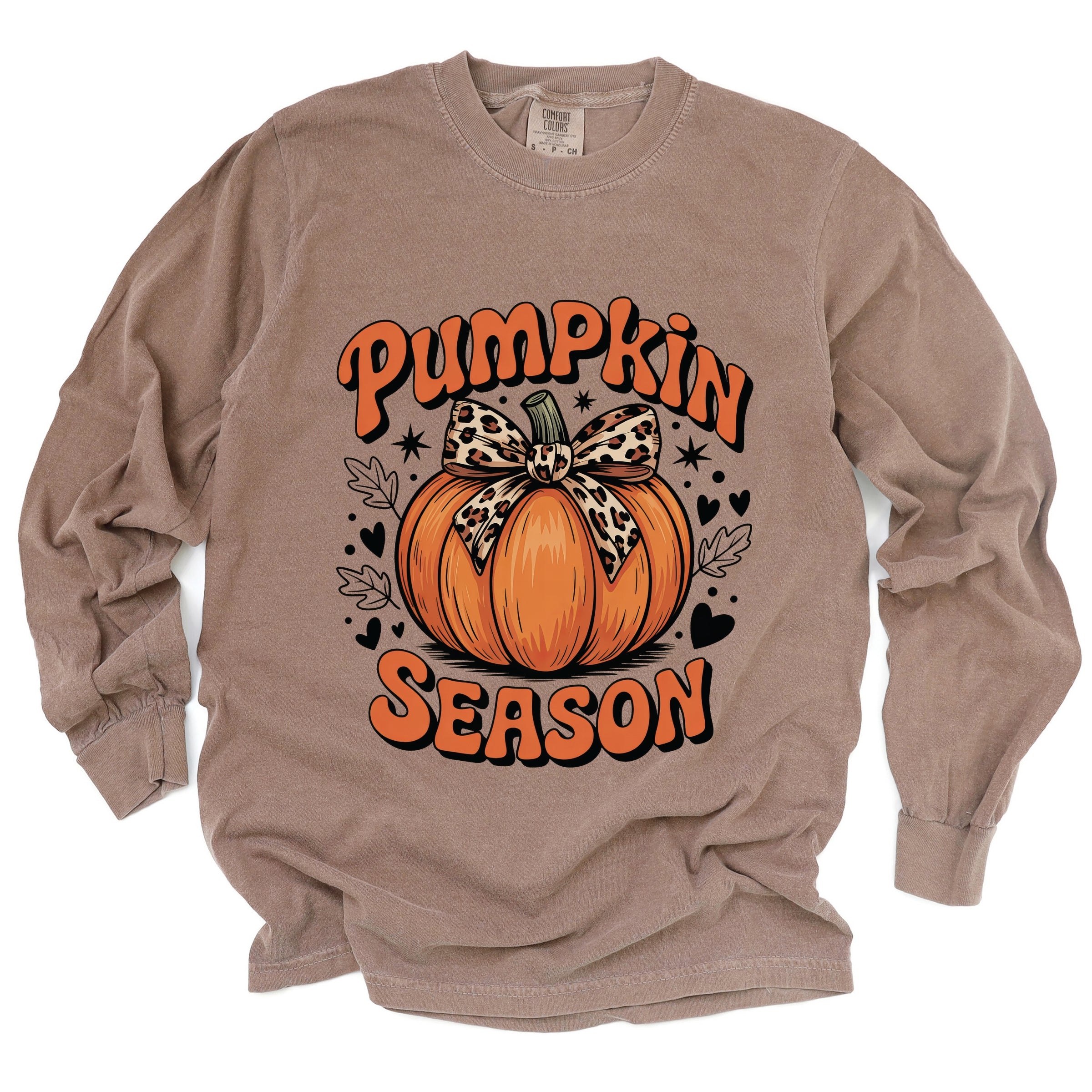 Coquette Pumpkin Season Leopard - Womens Garment Dyed Long Sleeve Graphic T-Shirt