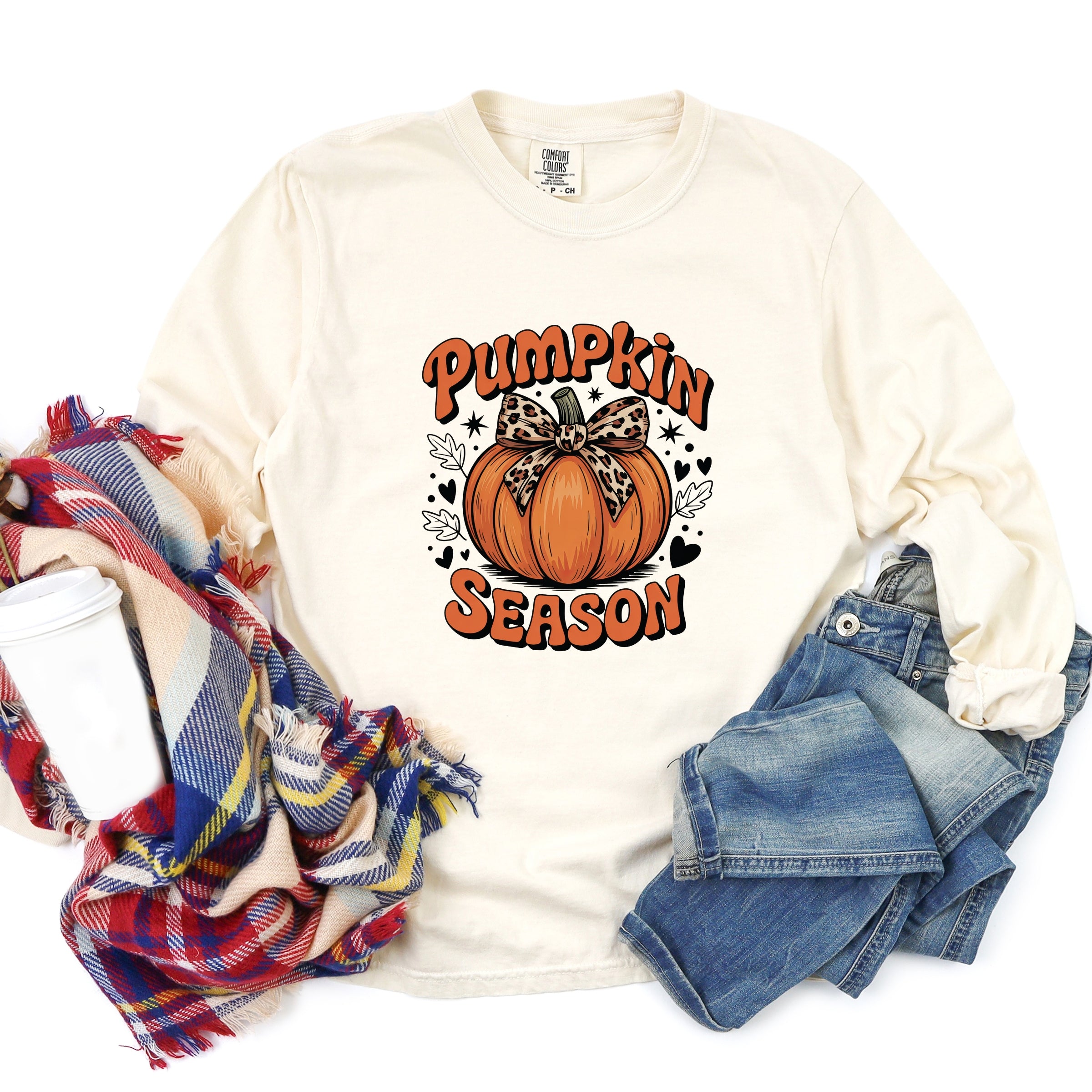 Coquette Pumpkin Season Leopard - Womens Garment Dyed Long Sleeve Graphic T-Shirt