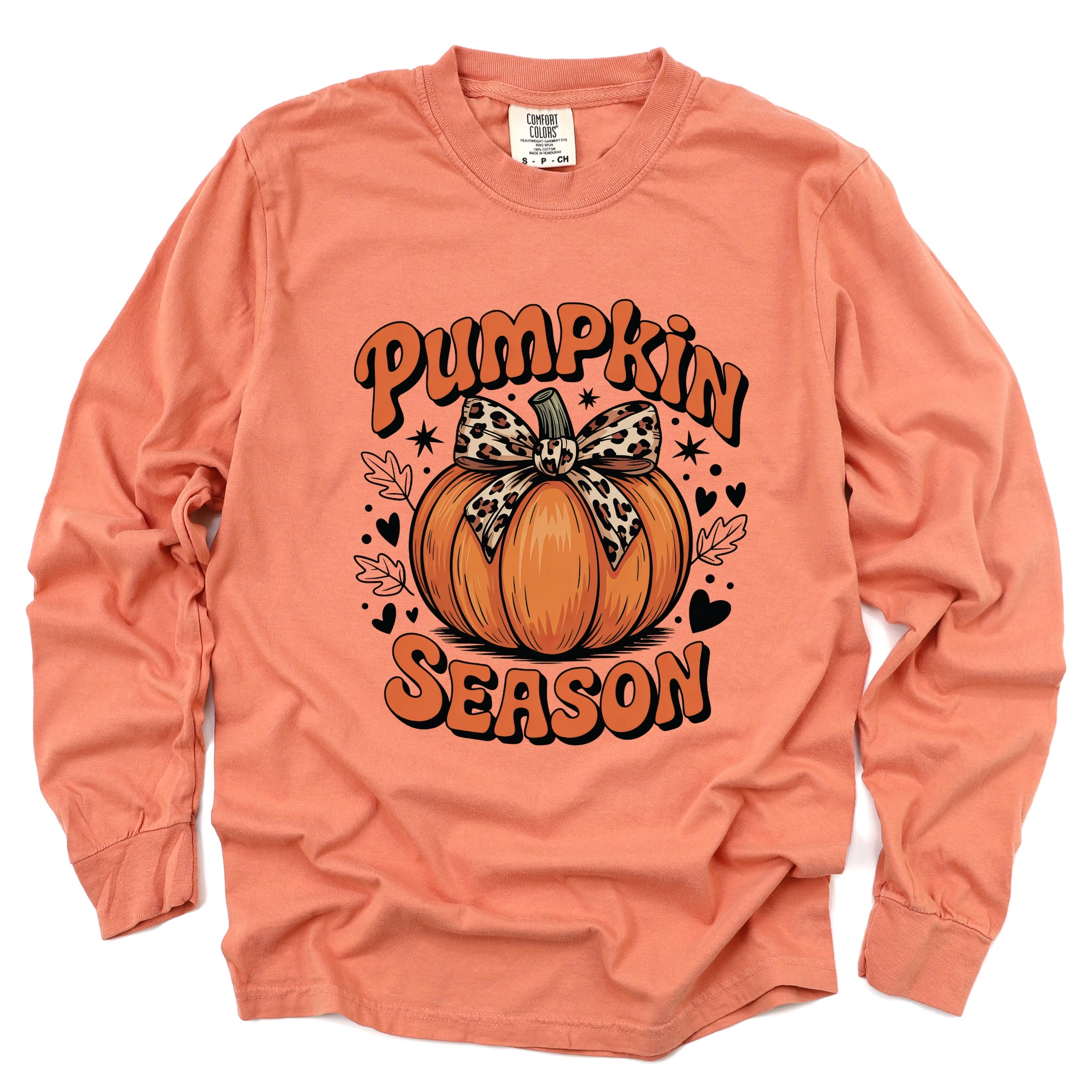 Coquette Pumpkin Season Leopard - Womens Garment Dyed Long Sleeve Graphic T-Shirt