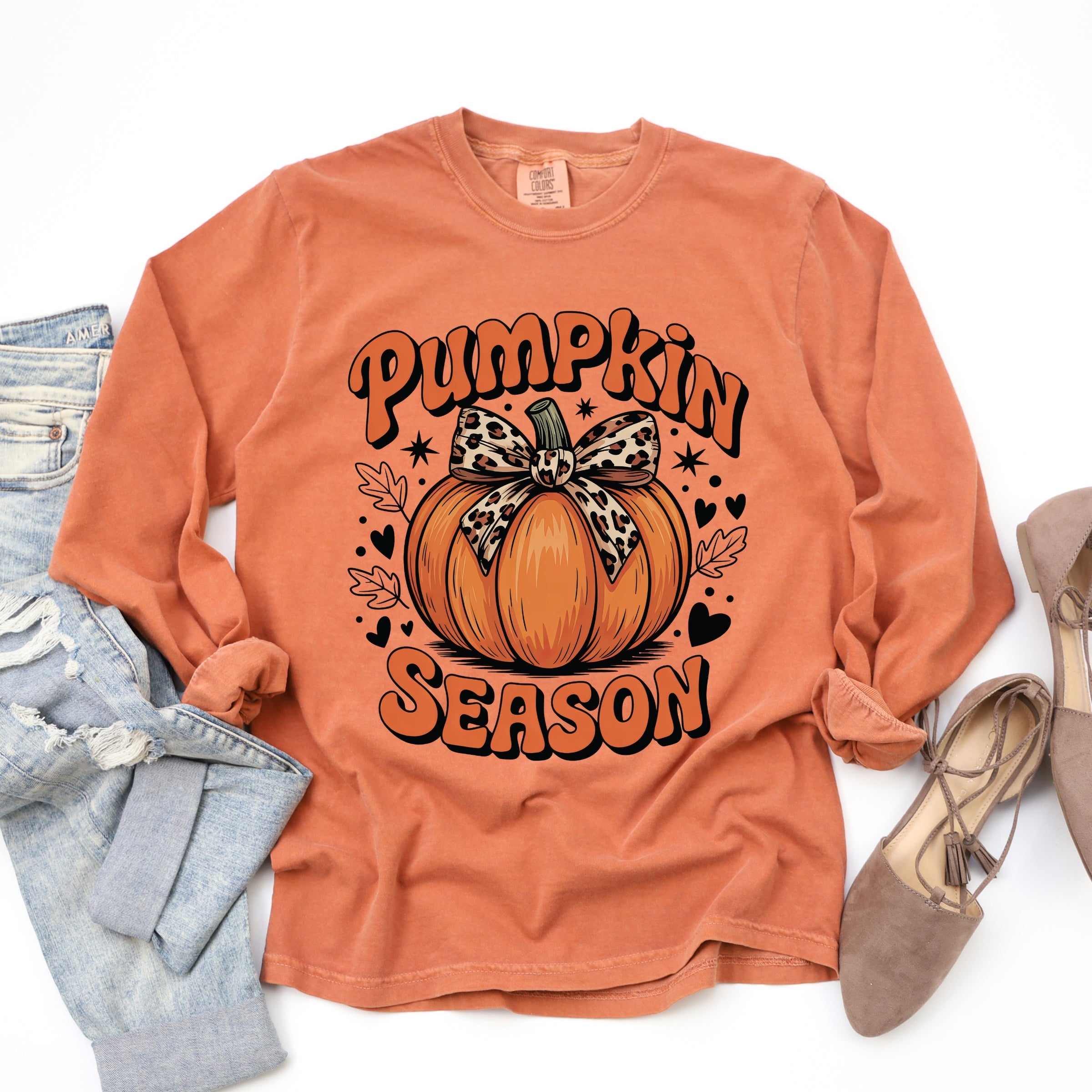 Coquette Pumpkin Season Leopard - Womens Garment Dyed Long Sleeve Graphic T-Shirt