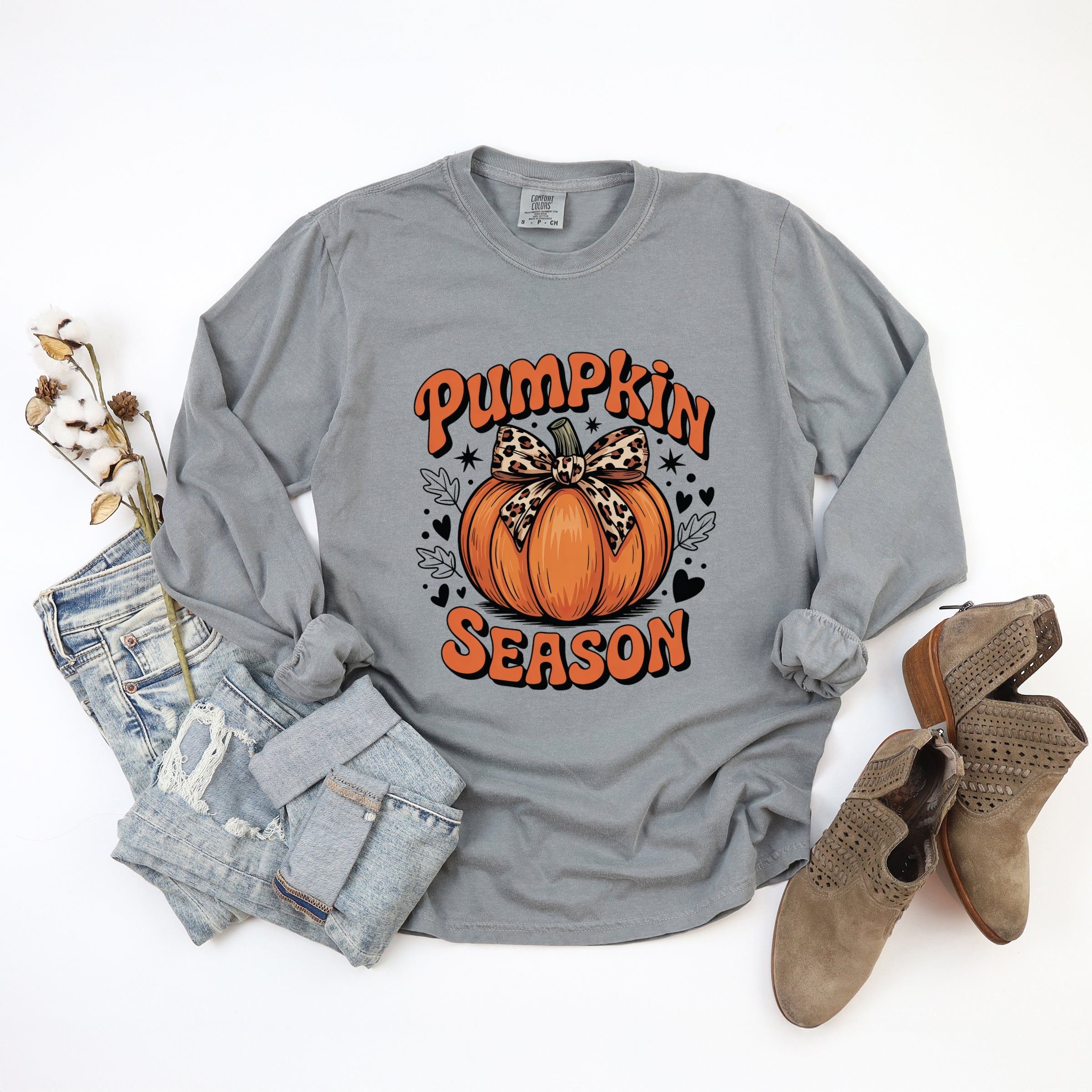 Coquette Pumpkin Season Leopard - Womens Garment Dyed Long Sleeve Graphic T-Shirt