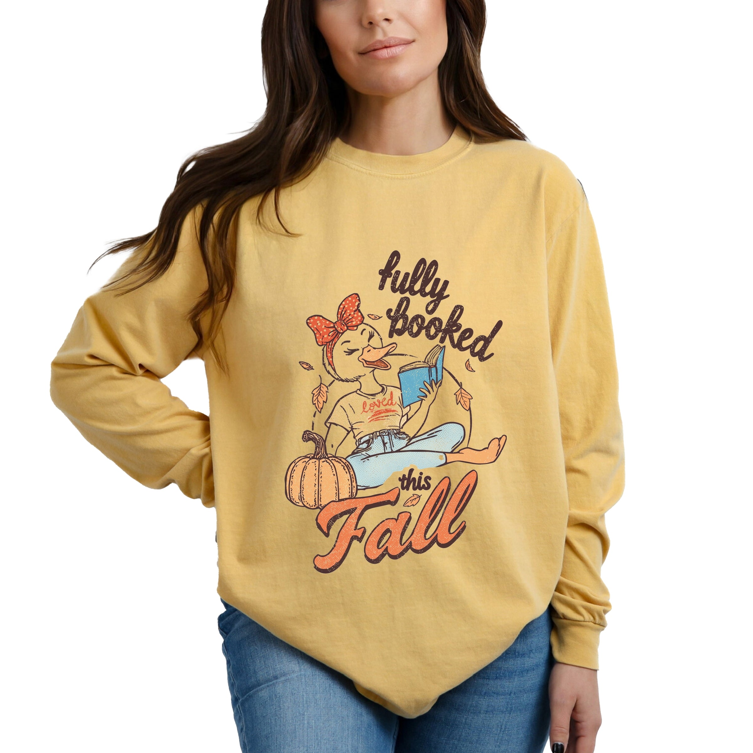 Fully Booked This Fall - Women's Garment Dyed Long Sleeve Graphic T-Shirt