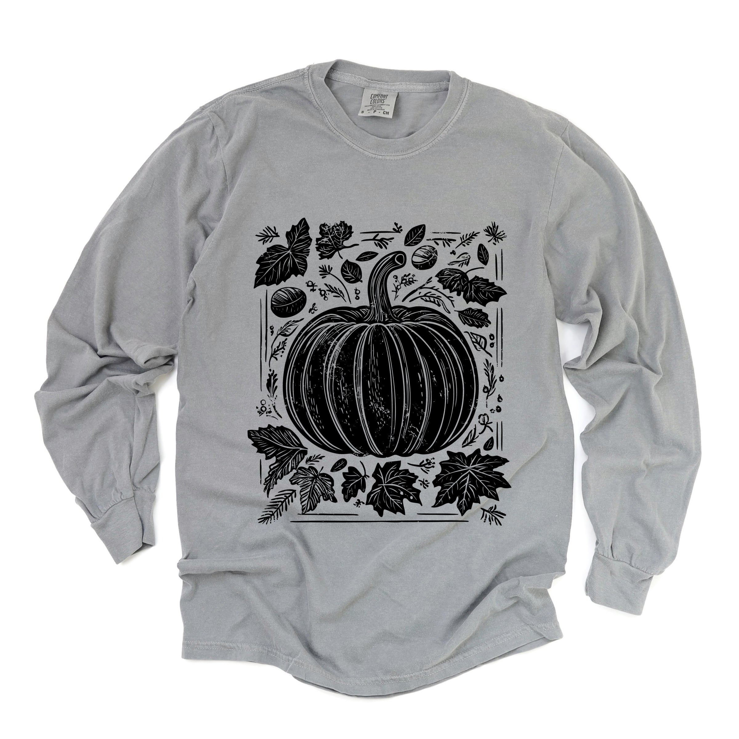 Pumpkin With Leaves Distressed - Women's Garment Dyed Long Sleeve Graphic T-Shirt