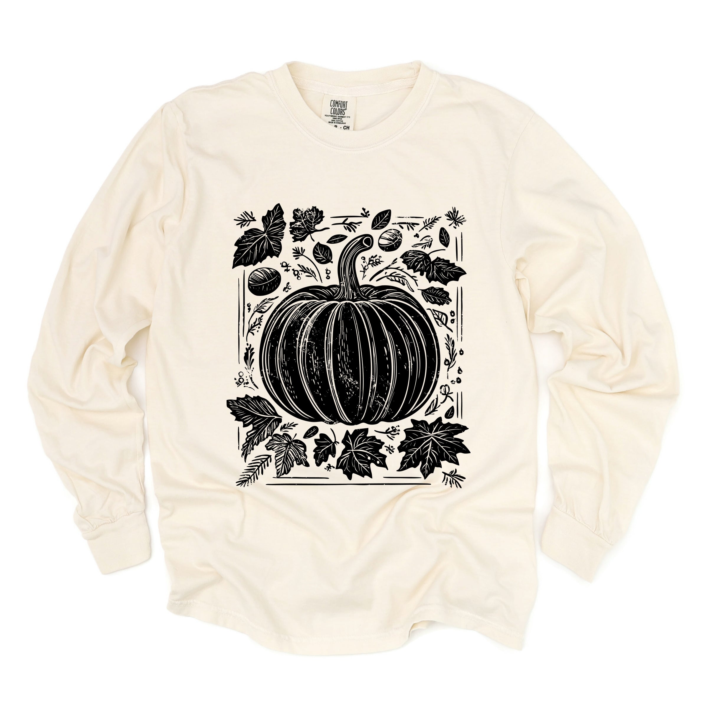 Pumpkin With Leaves Distressed - Women's Garment Dyed Long Sleeve Graphic T-Shirt