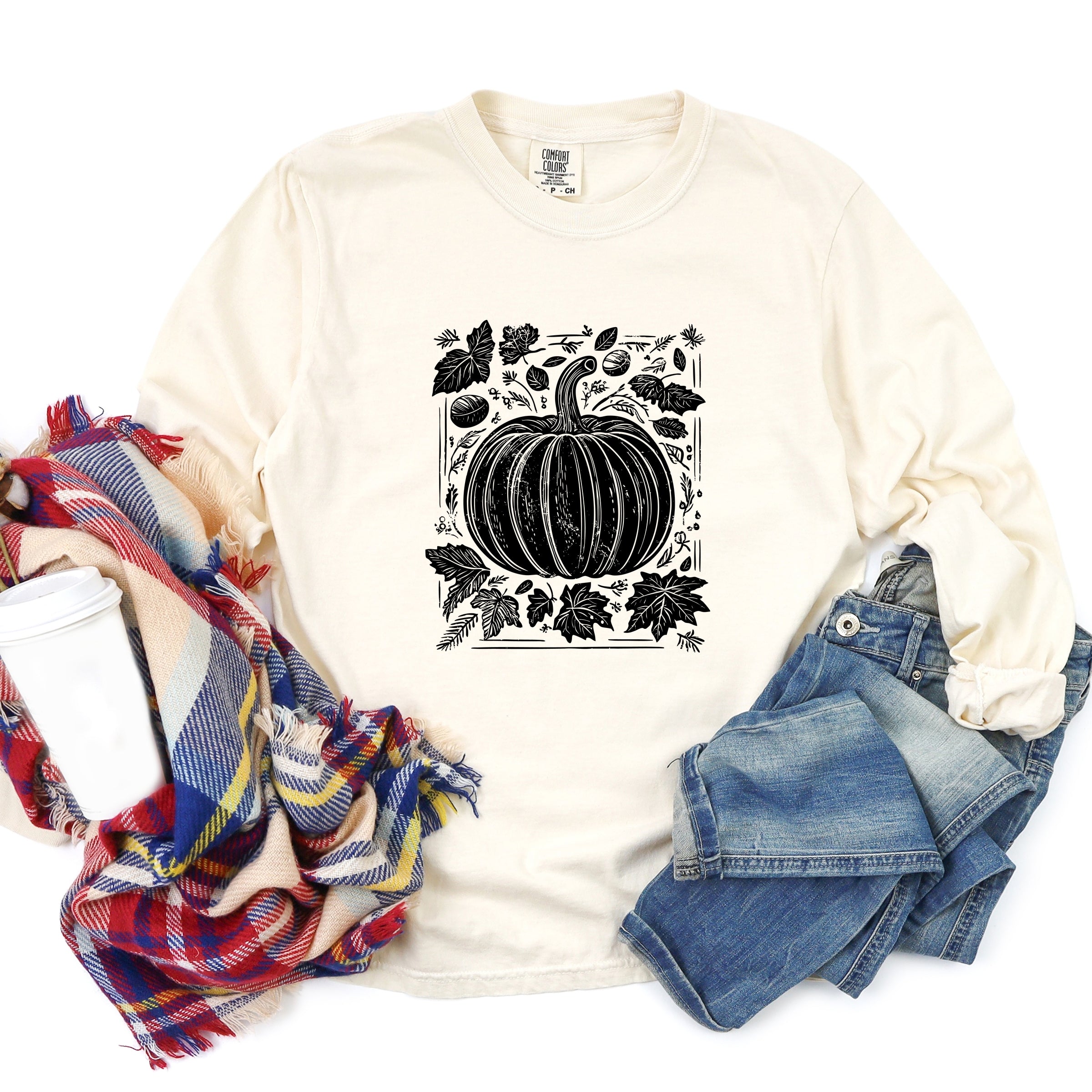 Pumpkin With Leaves Distressed - Women's Garment Dyed Long Sleeve Graphic T-Shirt