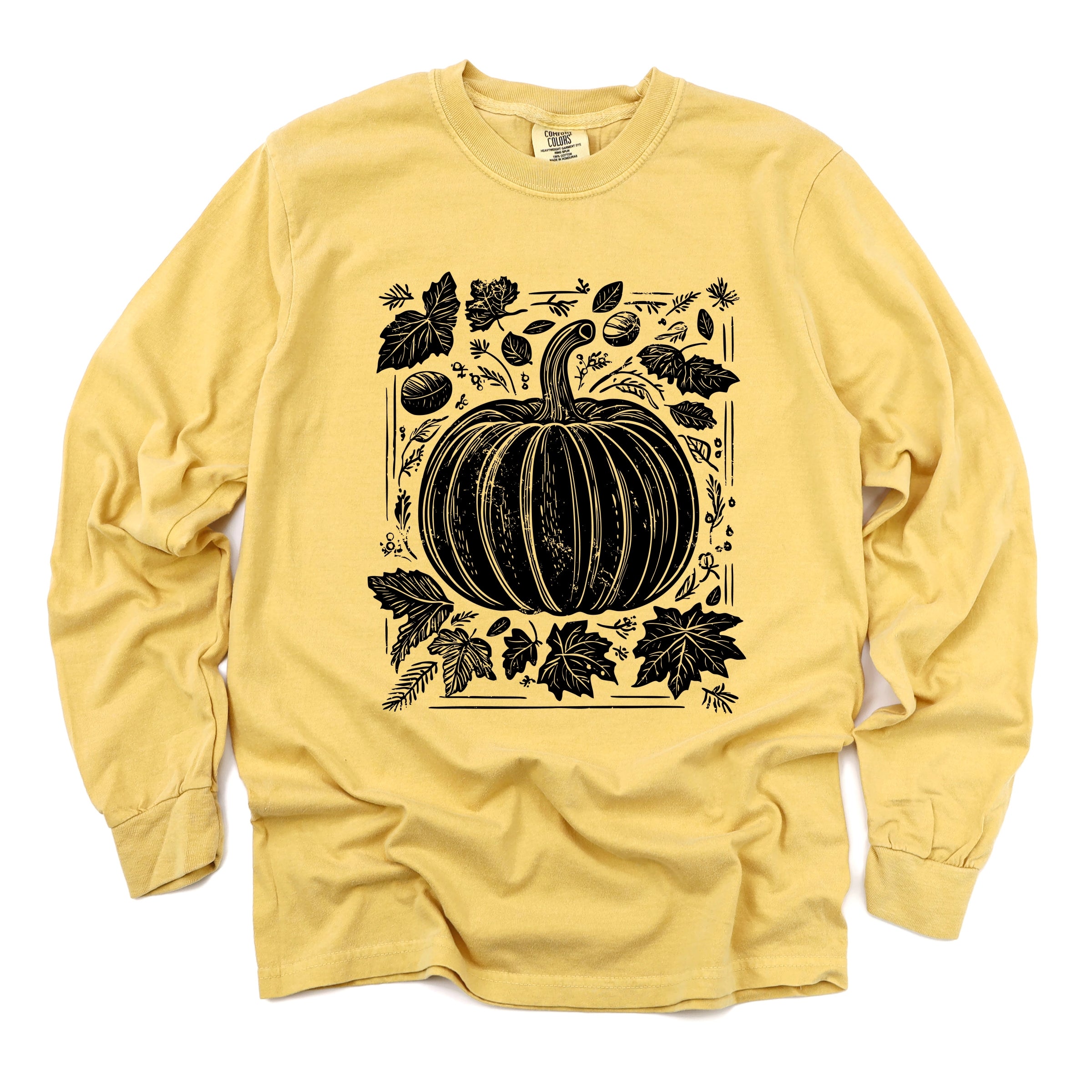 Pumpkin With Leaves Distressed - Women's Garment Dyed Long Sleeve Graphic T-Shirt
