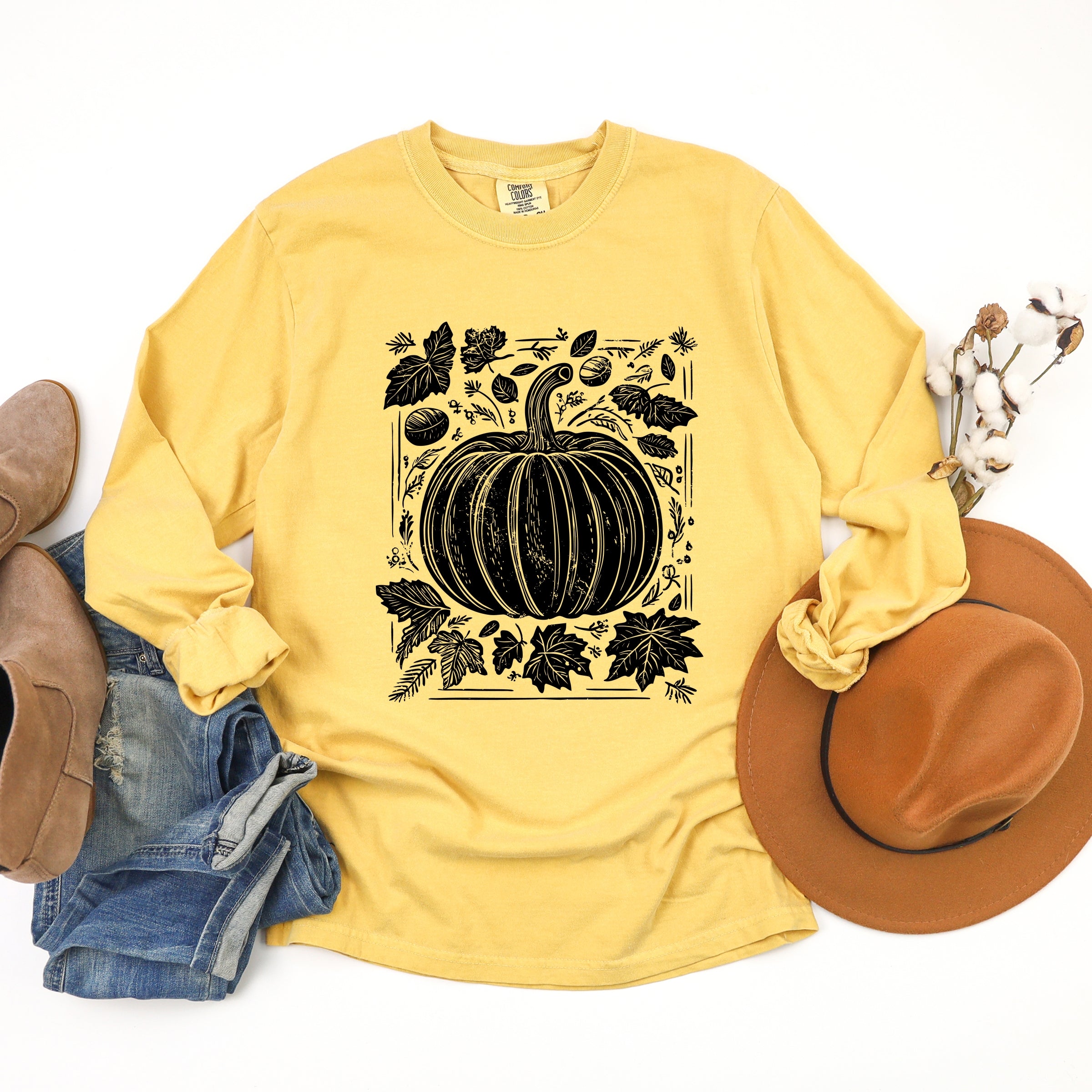 Pumpkin With Leaves Distressed - Women's Garment Dyed Long Sleeve Graphic T-Shirt