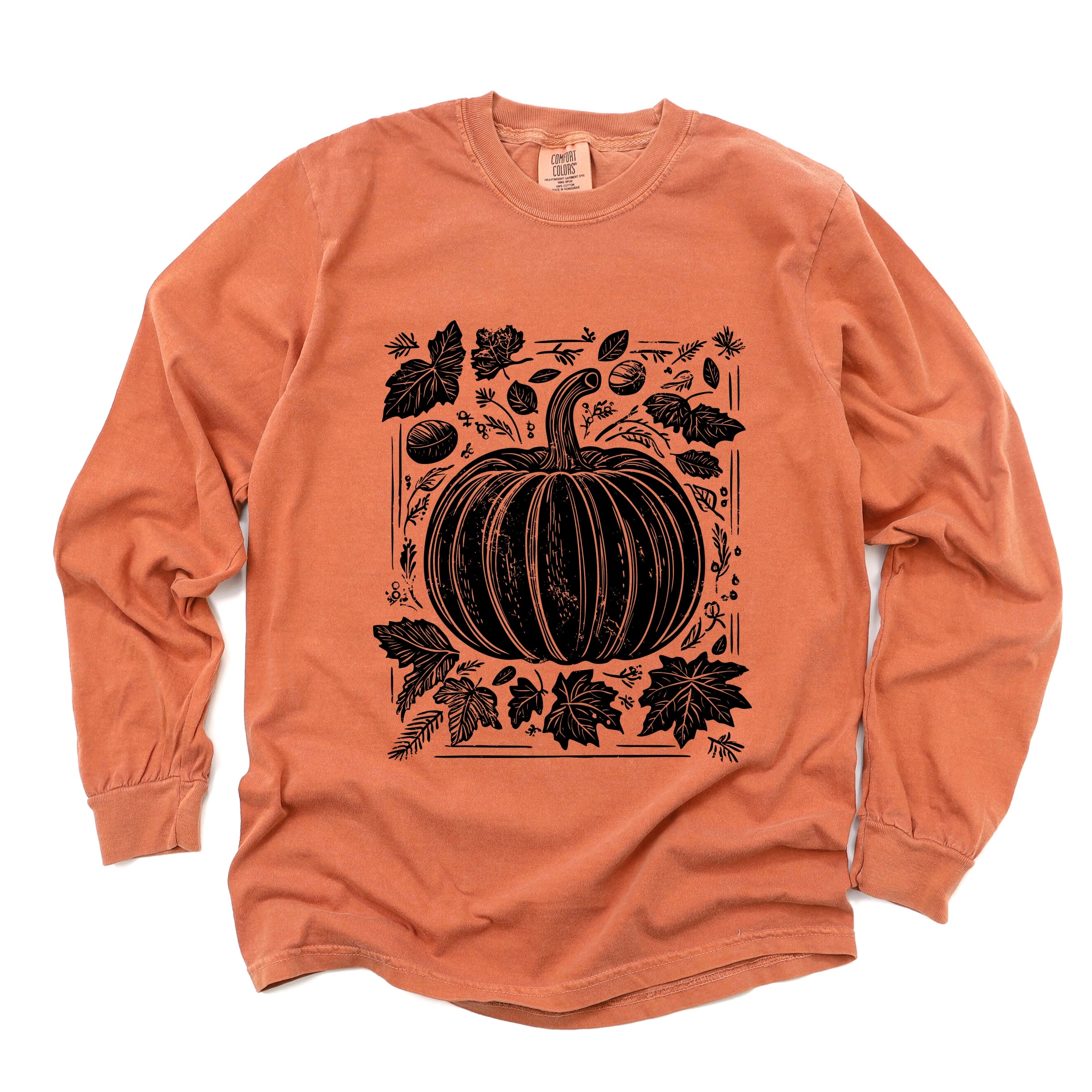 Pumpkin With Leaves Distressed - Women's Garment Dyed Long Sleeve Graphic T-Shirt