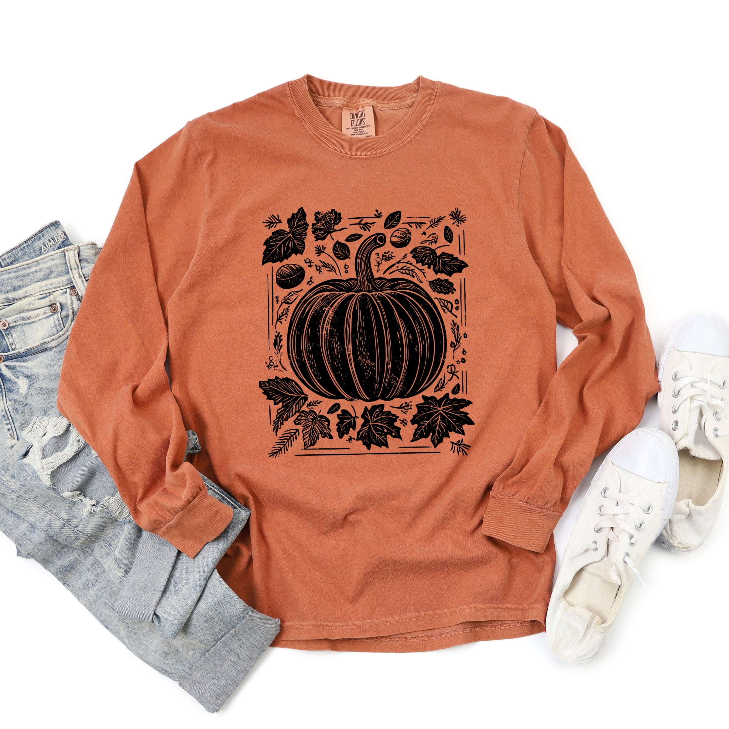Pumpkin With Leaves Distressed - Women's Garment Dyed Long Sleeve Graphic T-Shirt
