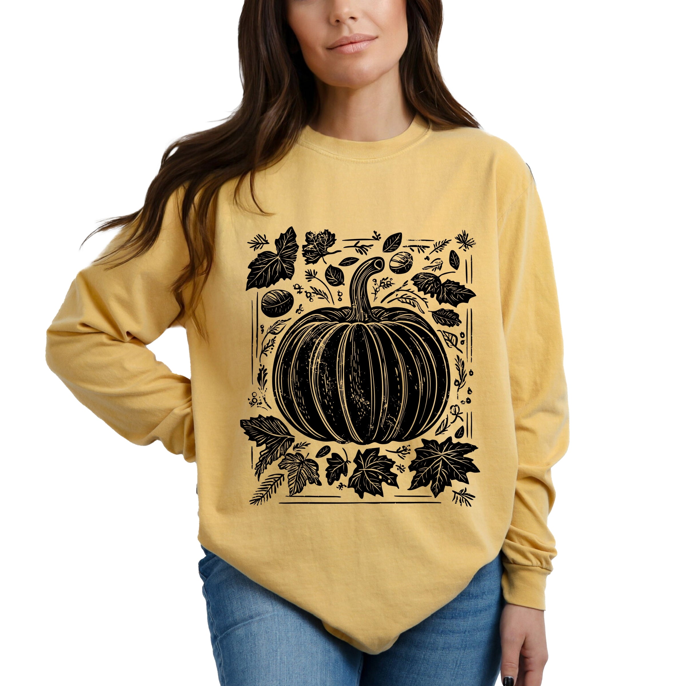 Pumpkin With Leaves Distressed - Women's Garment Dyed Long Sleeve Graphic T-Shirt