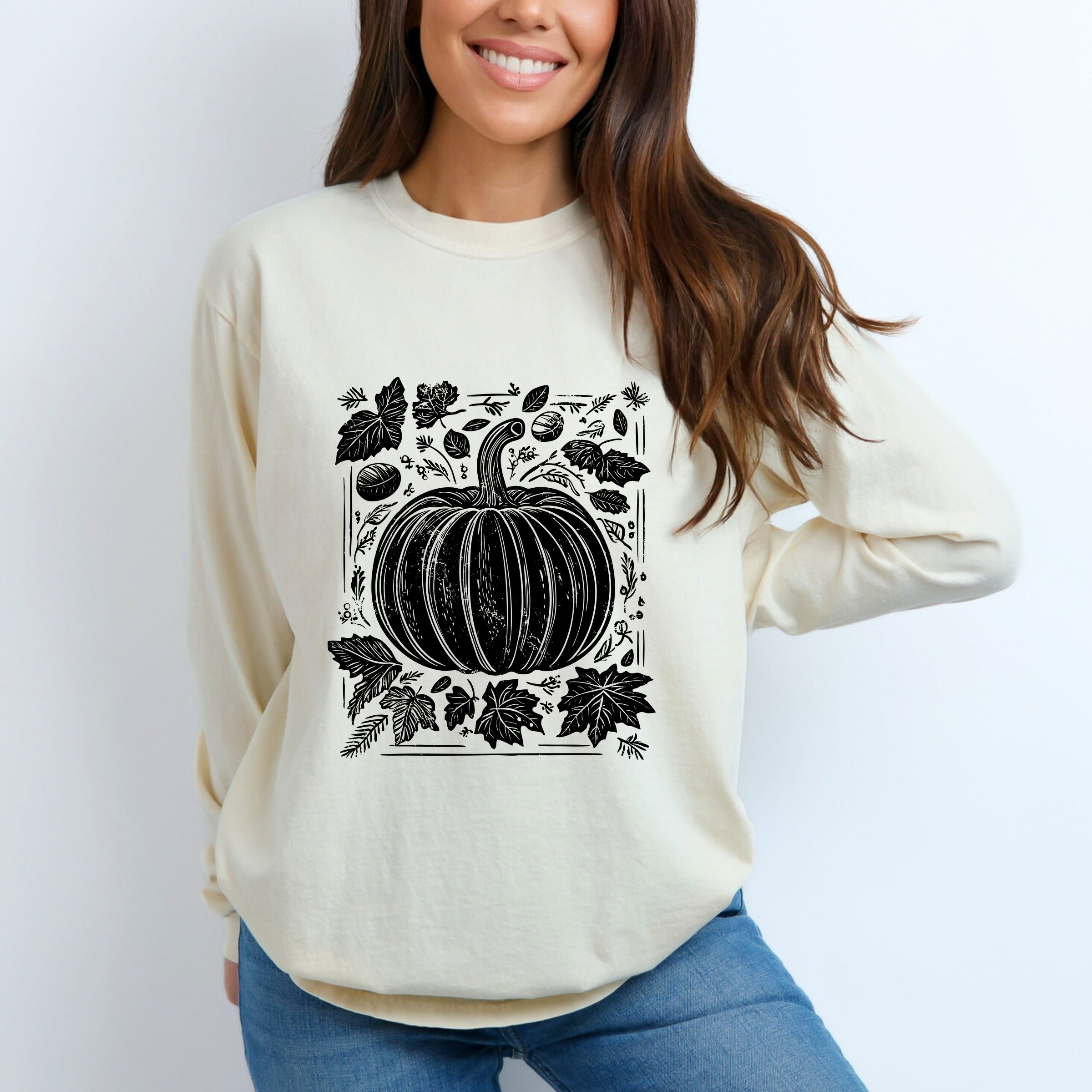 Pumpkin With Leaves Distressed - Women's Garment Dyed Long Sleeve Graphic T-Shirt