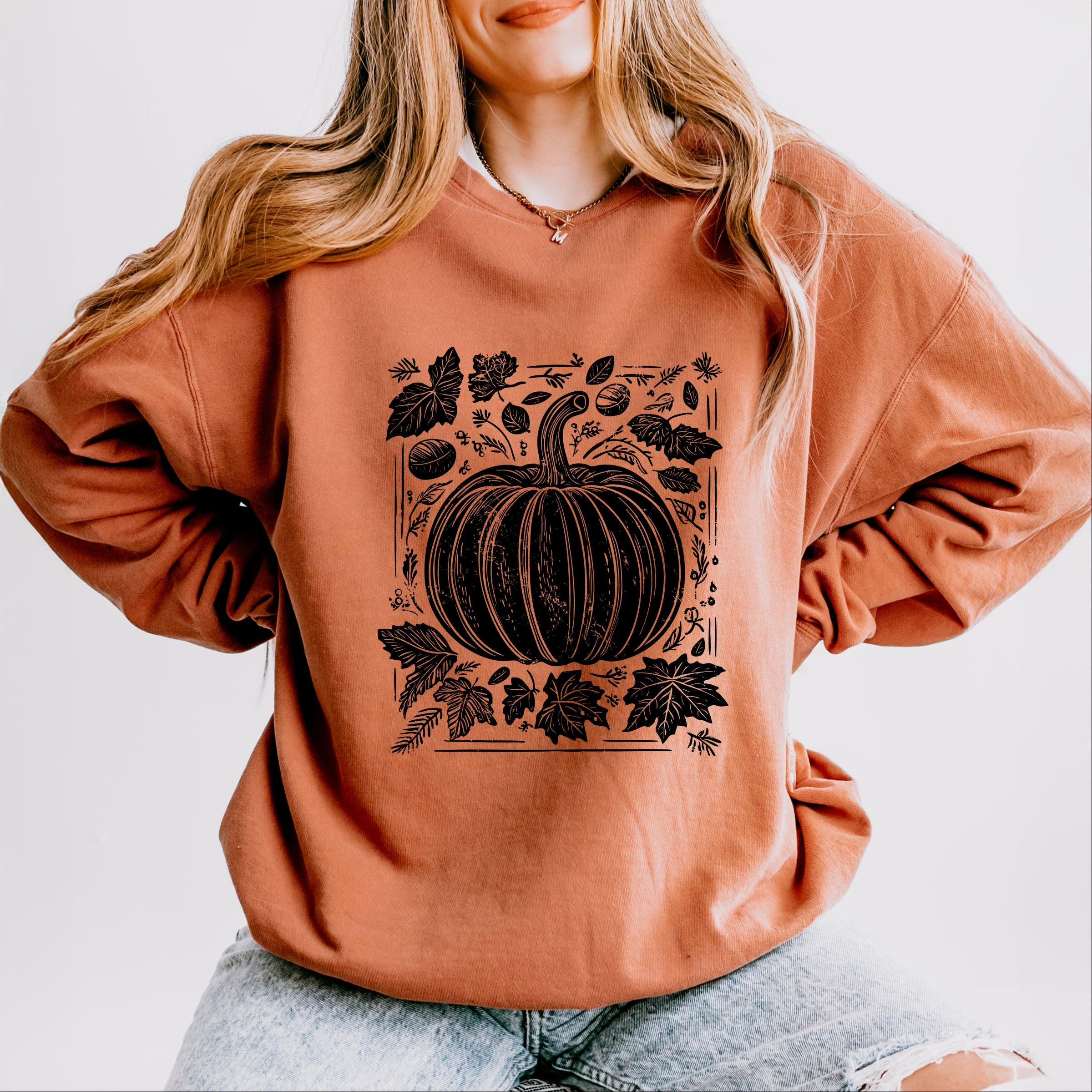 Pumpkin With Leaves Distressed - Women's Lightweight Garment Dyed Sweatshirt