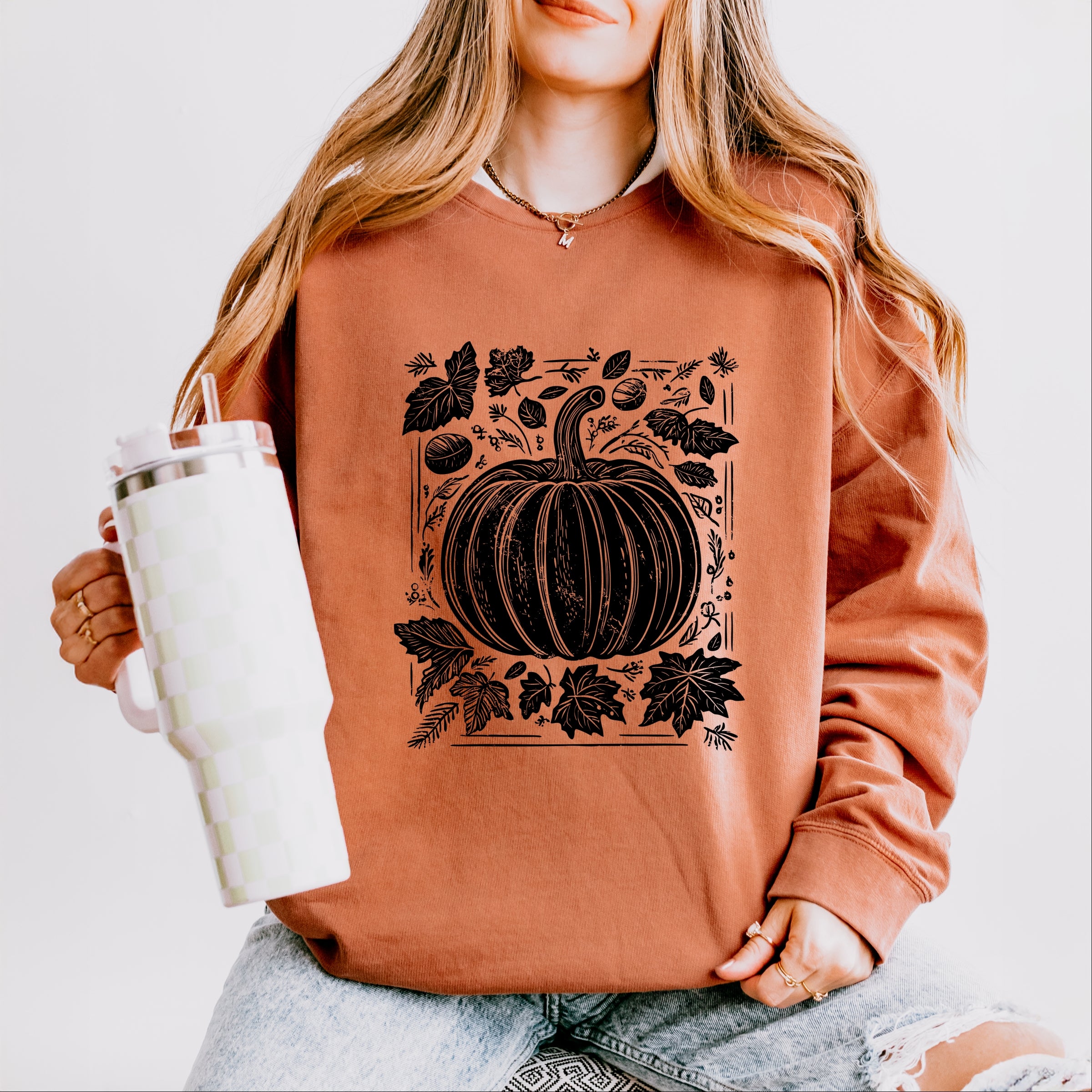 Pumpkin With Leaves Distressed - Women's Lightweight Garment Dyed Sweatshirt