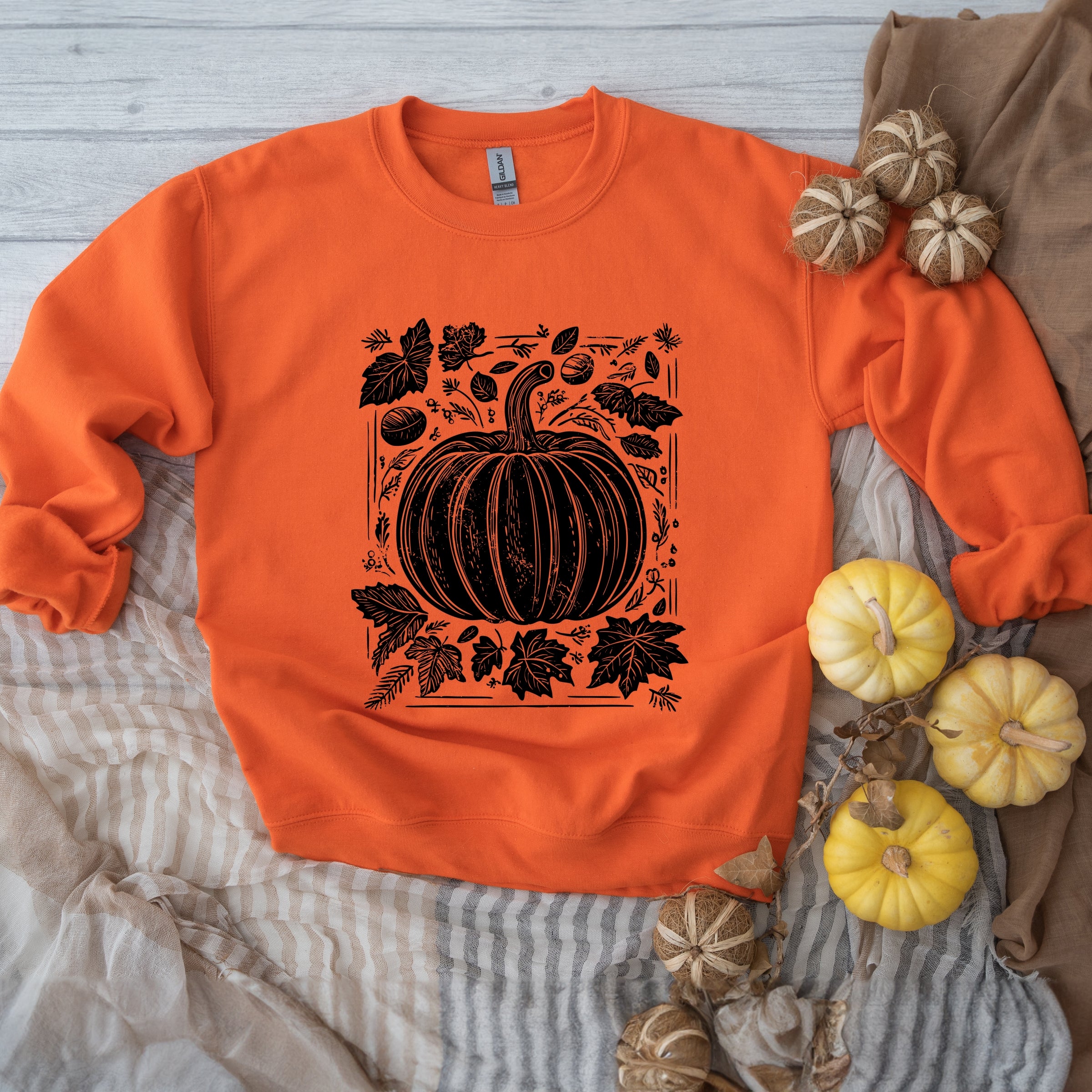 Pumpkin With Leaves Distressed - Women's Graphic Sweatshirt