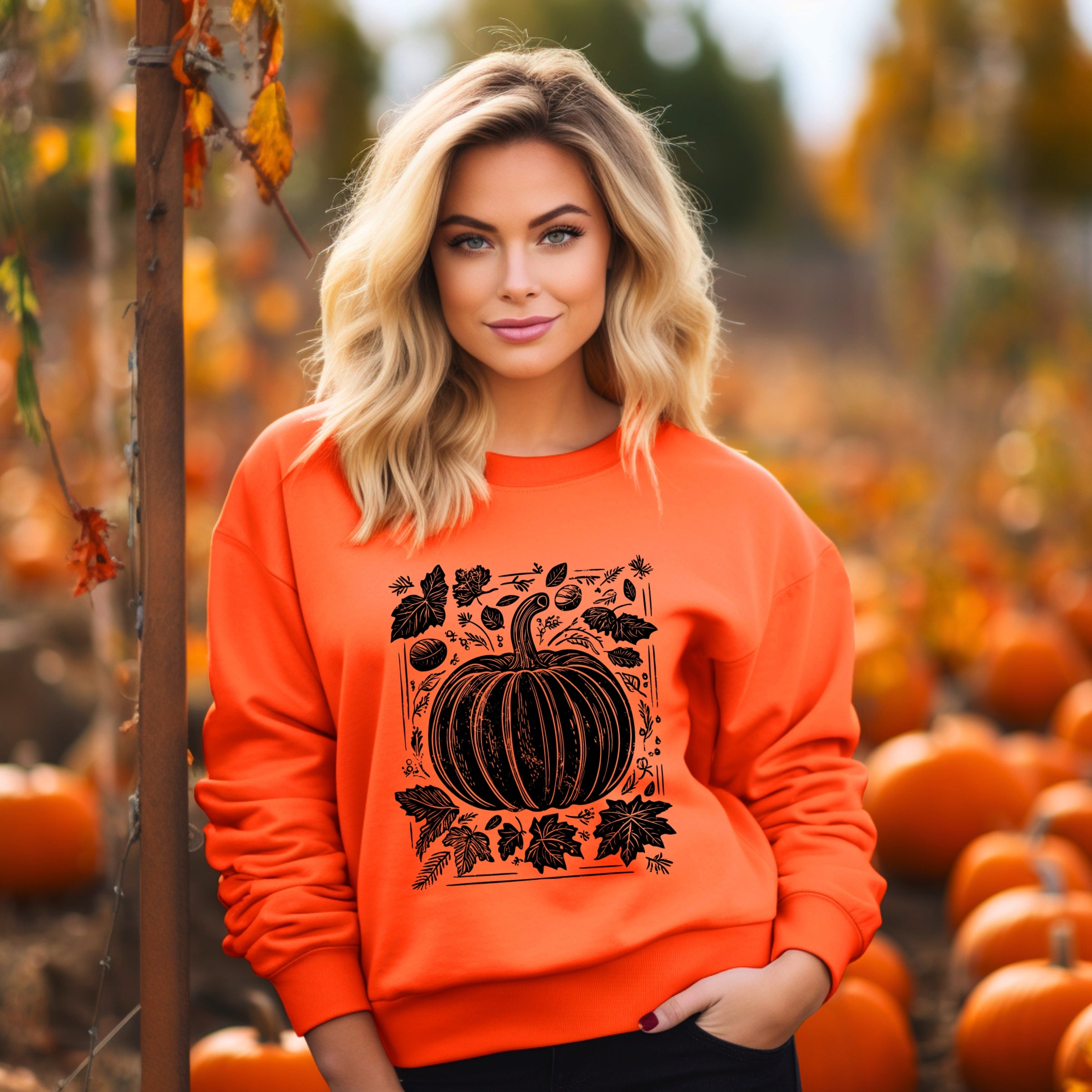 Pumpkin With Leaves Distressed - Women's Graphic Sweatshirt